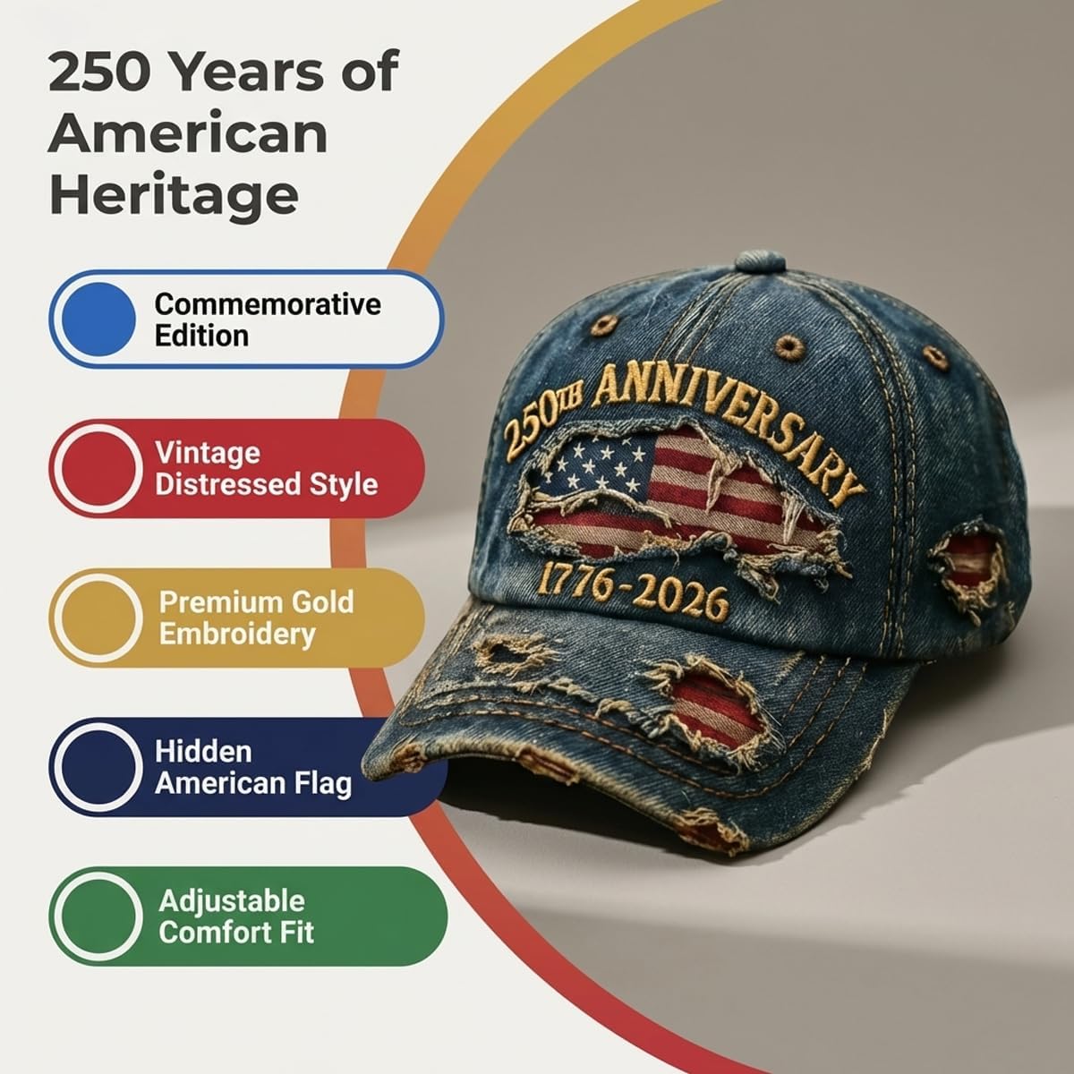 USA 250th Anniversary Distressed Casual Cap,250 Anniversary USA hat 1776-2026 Commemorative Baseball Cap,Commemorative American Heritage Grey
