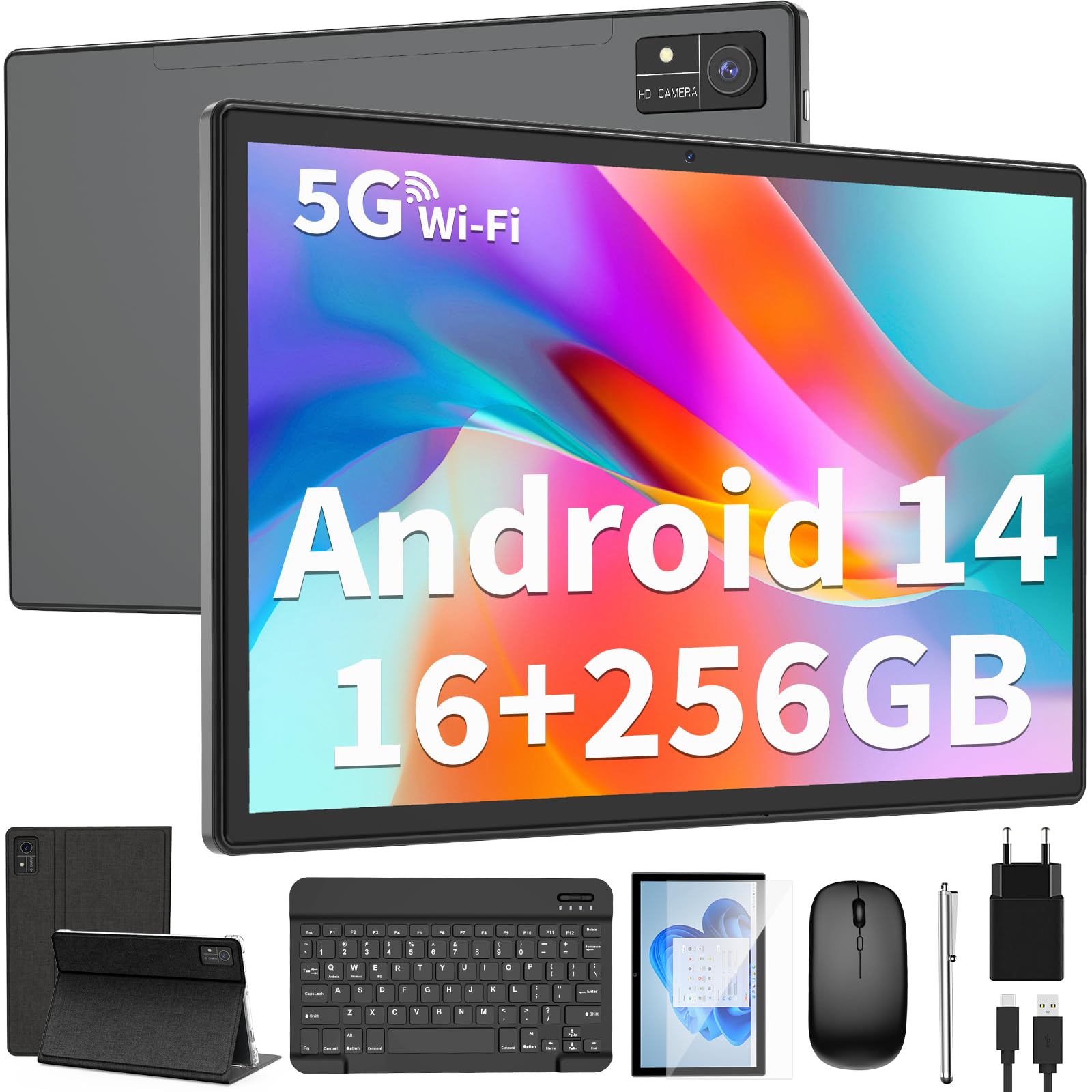 QDDQ 14 Android Tablet with Keyboard, 2 in 1 Tablet, 16GB + 256GB
