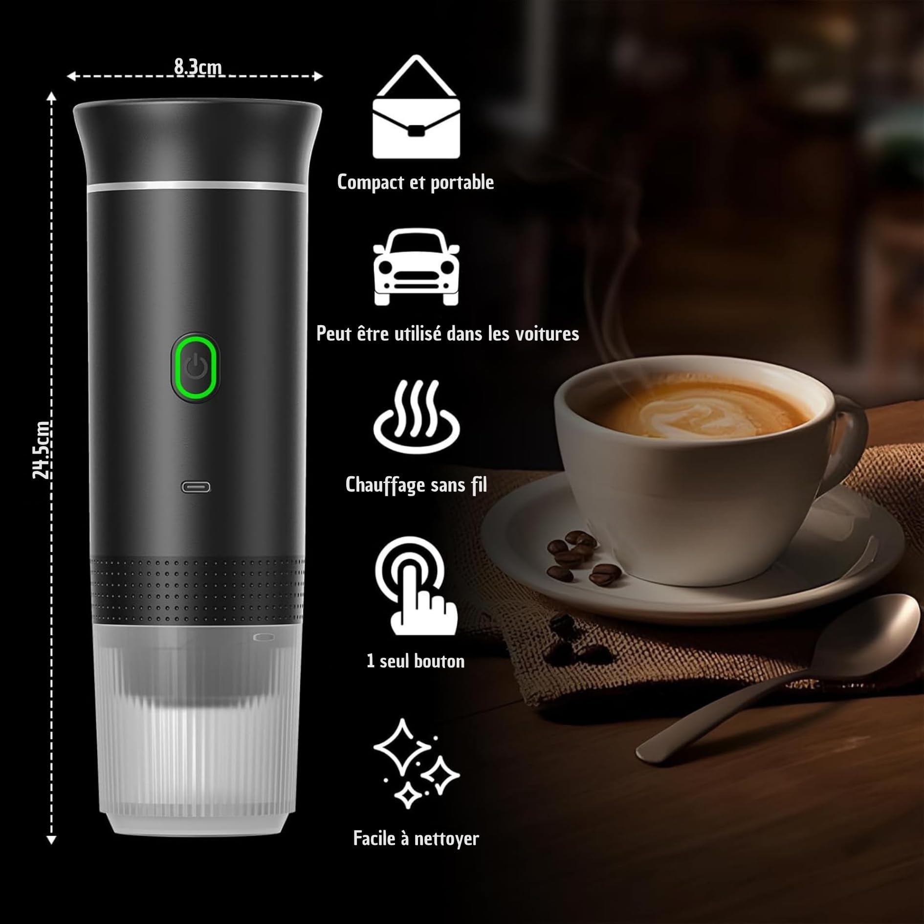 Cafetière portable 3 en 1 compatible avec capsules Ness-preso, Dolce-Gusto et café moulu - Mini machine à café électrique avec chauffe-eau USB-C - Idéal pour les voyages, le camping et la