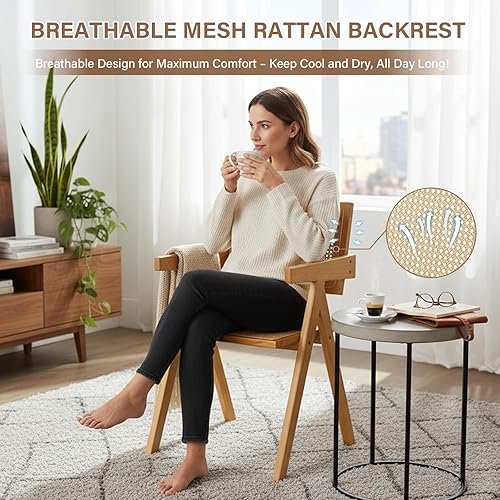 Miniatura 6 de Juego de 2 sillas de comedor de ratán, sillas modernas de acento de mediados de siglo, sillones cómodos, sillas de ratán para exteriores con