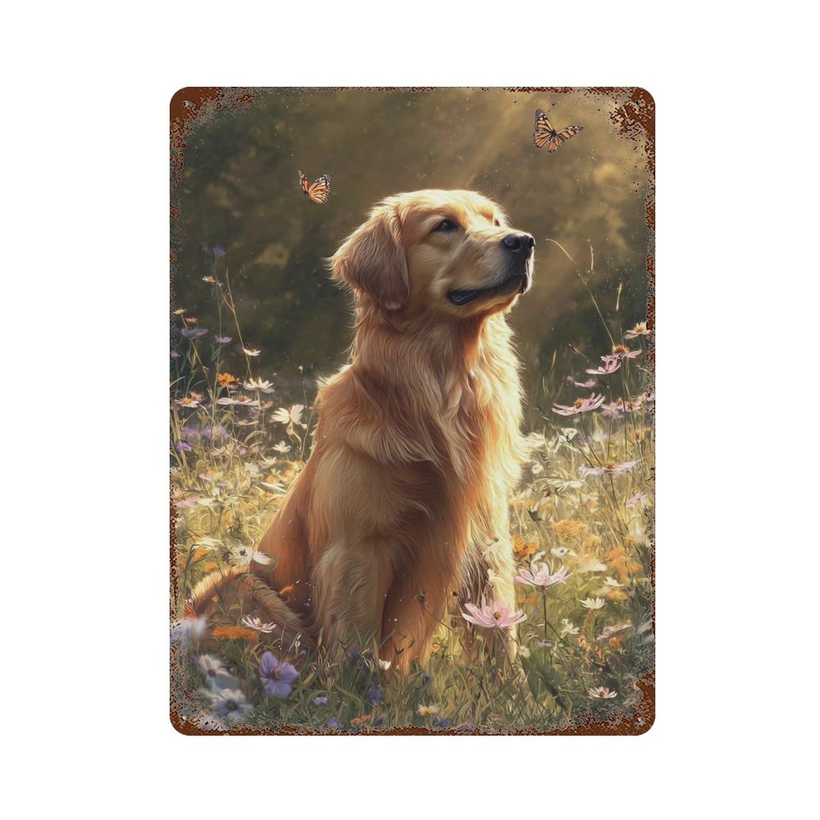 Golden Retriever in Flowers-6 Rustic Tin Plaque 15.7"x11.8", Rustic Home Decor for Office, Studio And Wall Decor