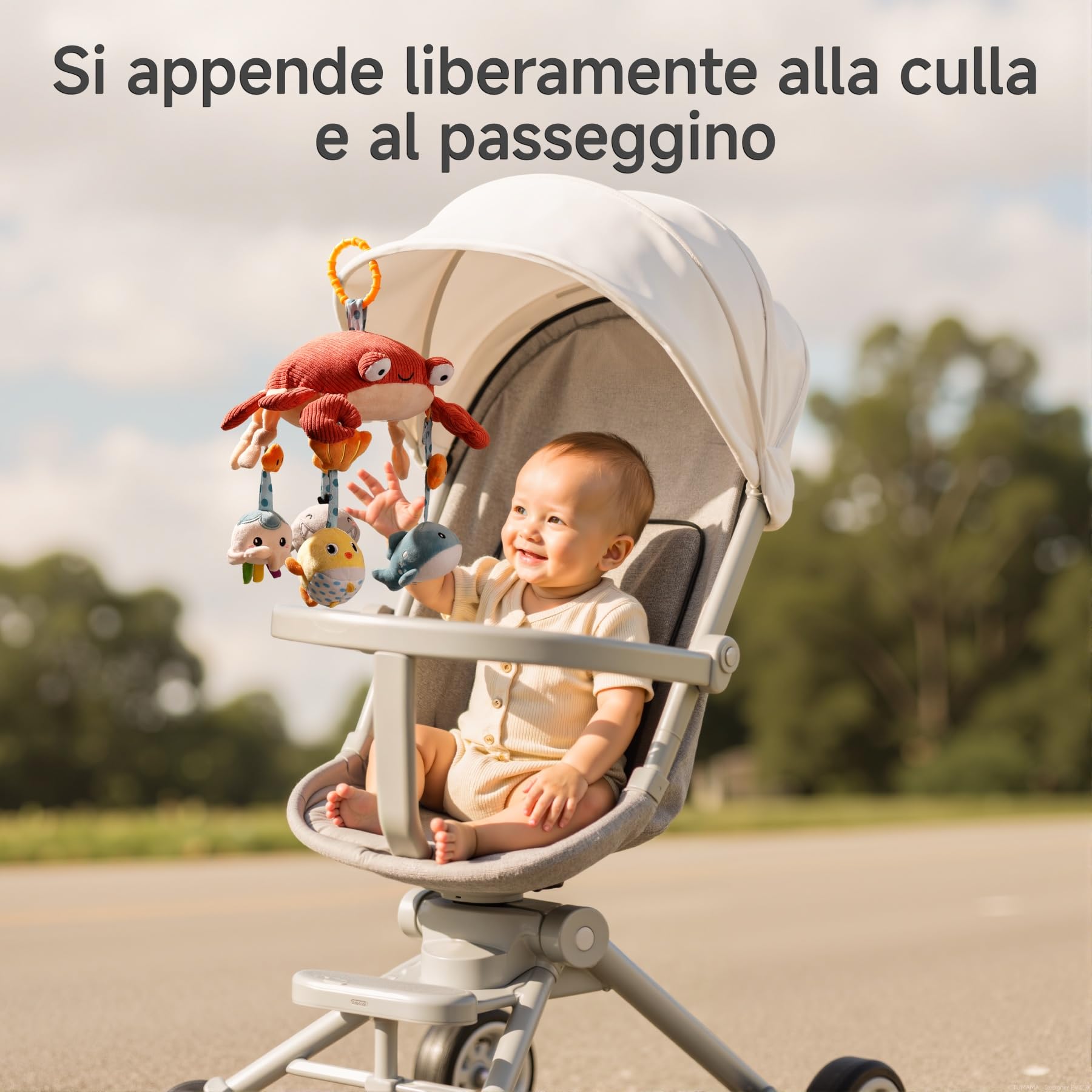 TUMAMA Giochi Passeggino Per Neonato 0 3 4 6 9 12 Mesi, Gioco Montessori Sensoriali Sonaglio Per Neonati Accessori Con Specchio, Peluche Granchio Giocattoli Per Culla Carrozzina Femmina Maschio Regalo