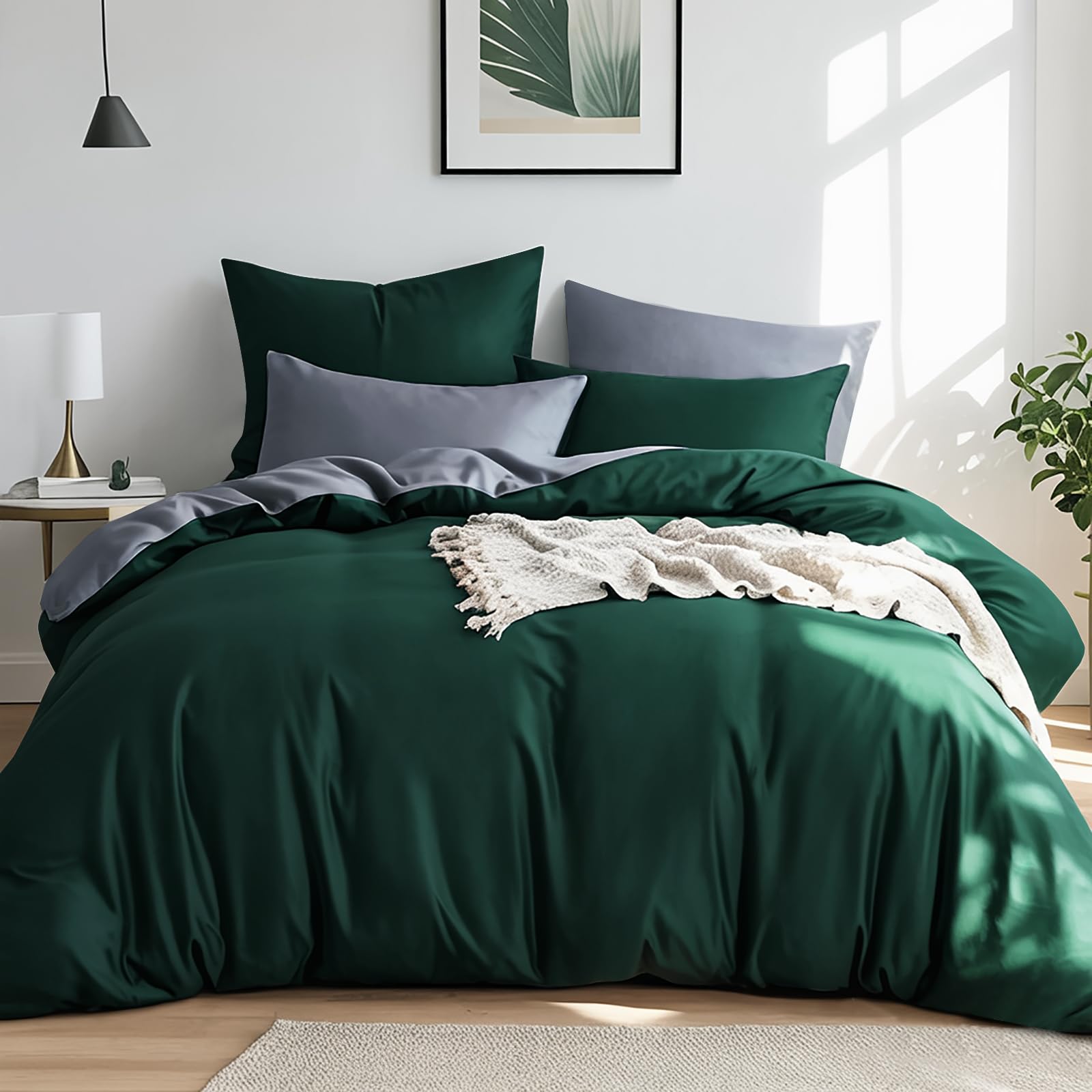 RUIKASI Bettwäsche 200x220 Baumwolle Grün - Bettwäsche-Sets 200x220cm 3teilig Wendebettwäsche 3tlg mit Reißverschluss, zweifarbige Bettbezug Set Dunkelgrün und Grau Cotton