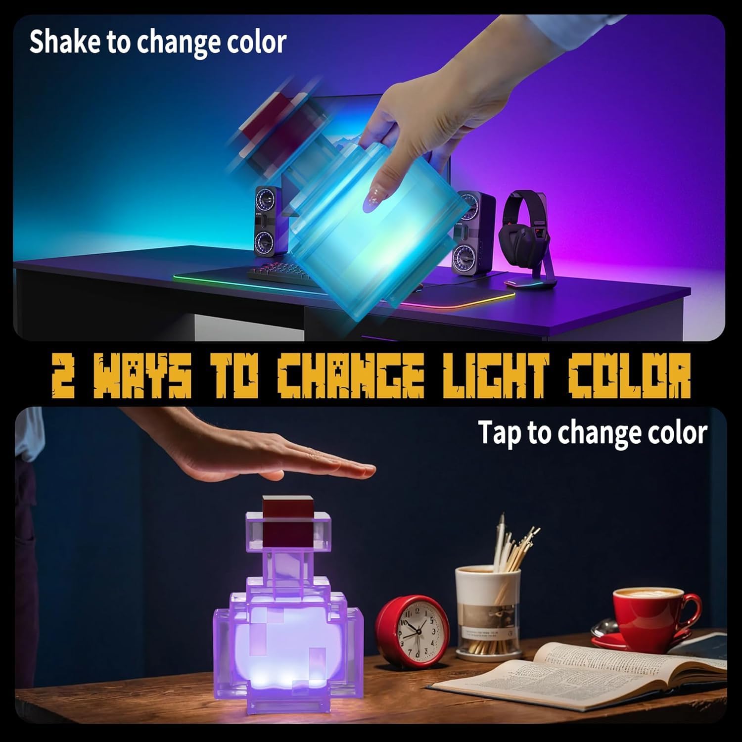 Pixel Style Potion Bottle Lamp 15 Color, Interactive RGB Night Light with Shake Activated Color Changing, USB Rechargeable Magic Potion LED Desk Lamp for Room Decor, Kids Boys Gaming Fans Gifts
