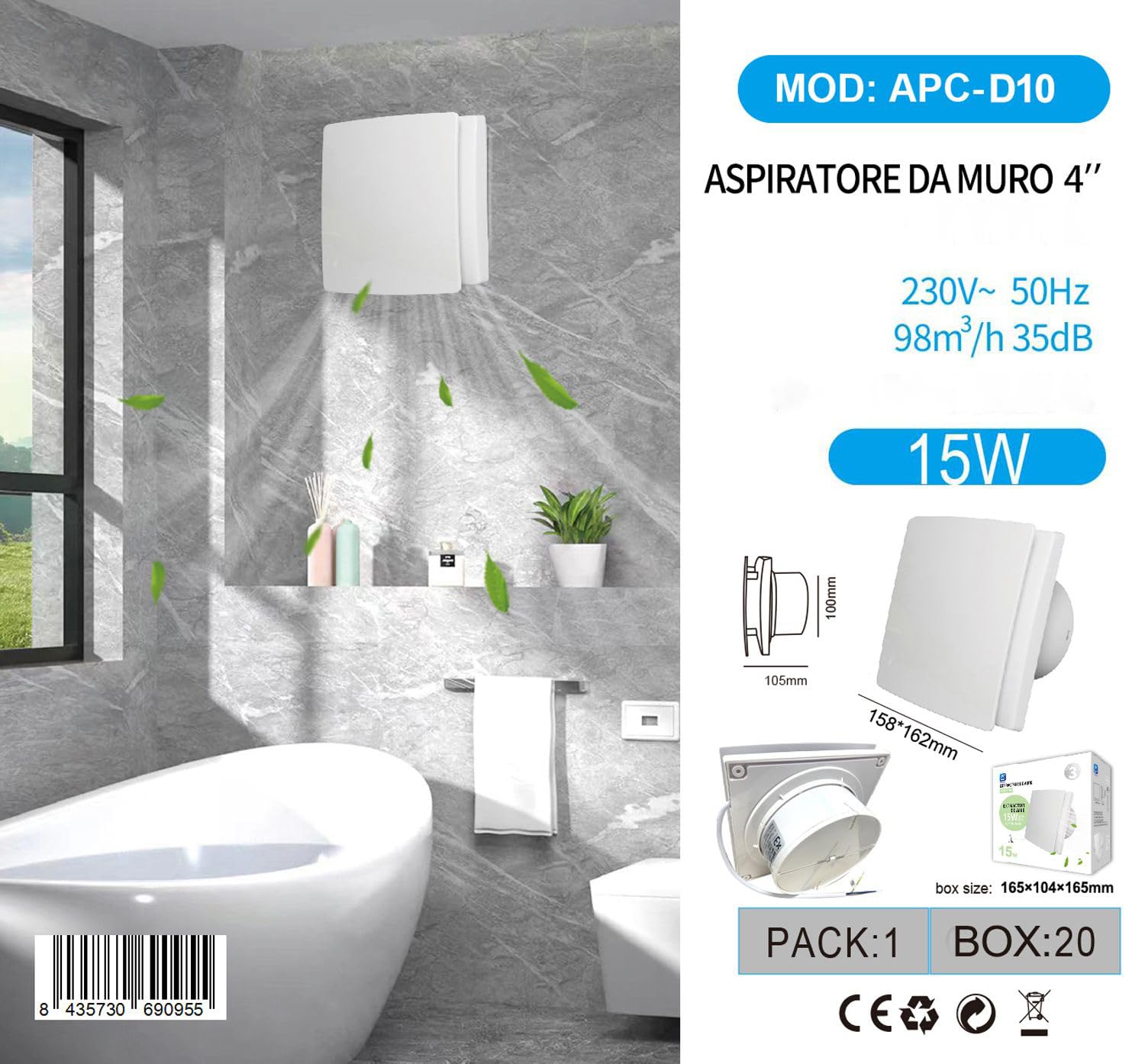 Aspiratore Bagno,Estrattore Aria, 162X158mm, Foro 100mm, Profondità 105mm, 15W 230V 50Hz, 98m³/h 35dB