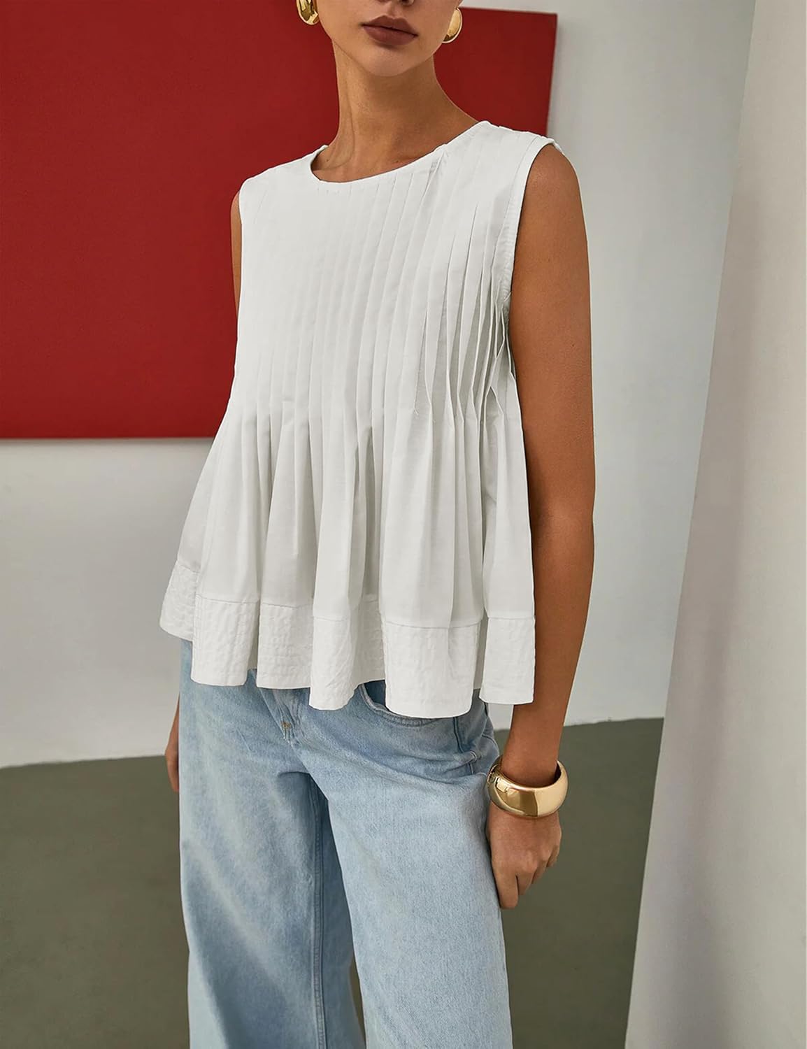 Womens Summer Pleated Peplum Sleeveless Blouse Tank Tops Round Neck Y2K Babydoll Blouse Shirt - Image 2