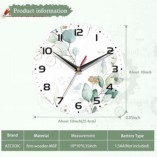 Miniatura 2 de Reloj de pared con pilas, reloj de hojas de eucalipto para sala de estar, reloj de pared decorativo para sala de estar, dormitorio, baño, cocina, 10