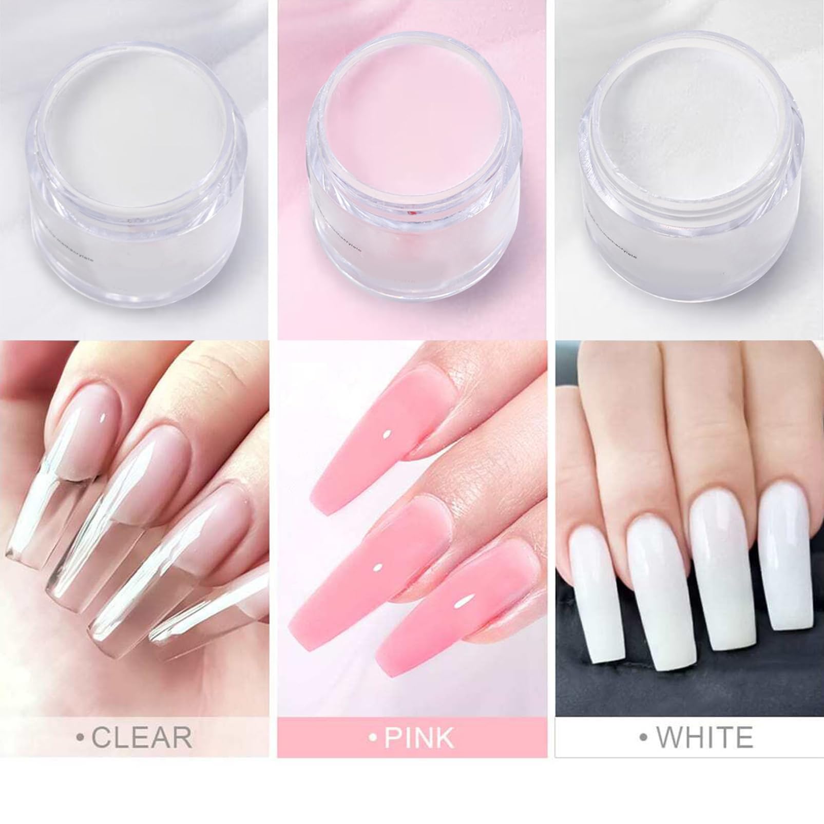 Acrylic Nail Kit Acrylic Powder Set 3 Colors Acrylic Powder 315g and Acrylic Liquid with Acrylic Nail Brush Set,Clear Pink White Acrylic Nails Extension Long-Lasting For Women Nail Art - Image 3