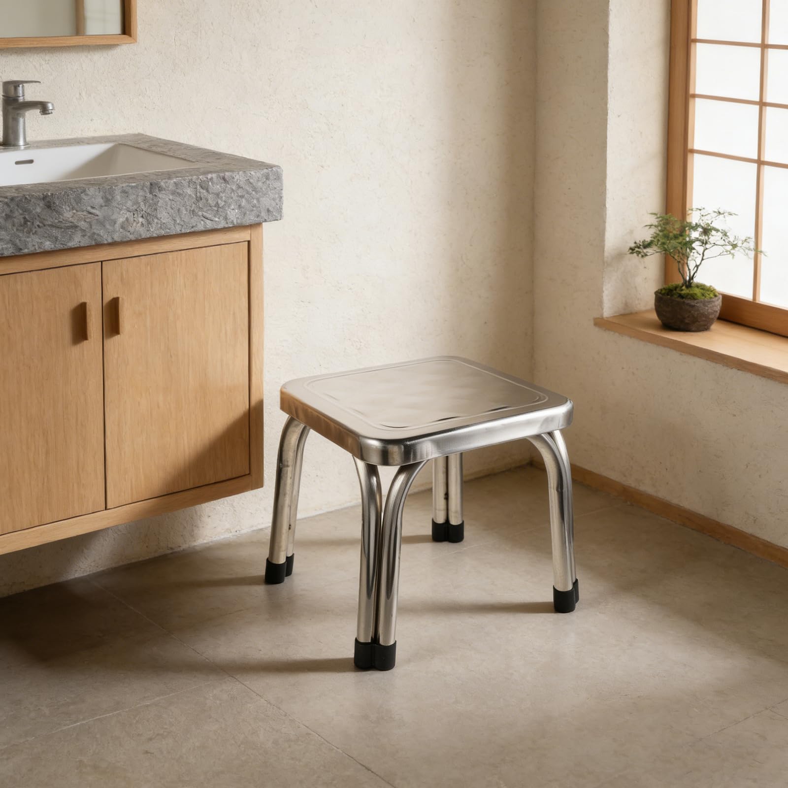 GLEAVI Taburete de Acero Inoxidable Antideslizante 22 Cm de Altura para Ducha y Baño, Banco Compacto para Personas Mayores y Uso Doméstico, Asiento Resistente y Fácil Limpieza