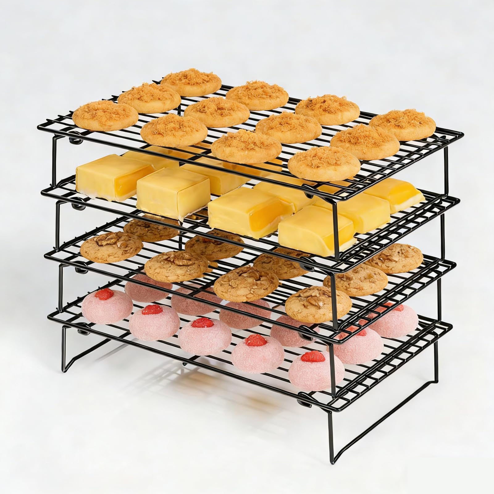 Griglia di raffreddamento a 4 ripiani, pieghevole e impilabile (40 x 25 cm), per biscotti, pane e torte, accessorio per la conservazione salvaspazio