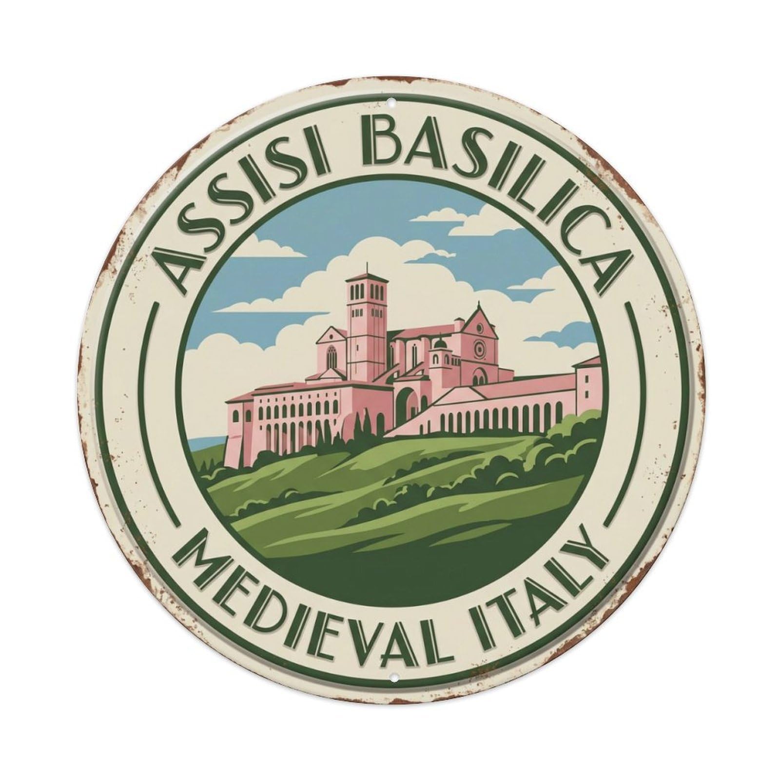 Assisi Basilica Medieval Italy Hilltop Metal Tin Sign Plaque Wall Decor for Cafe, Club Bar, Office, Home Garden Round Metal Poster 8x8Inch