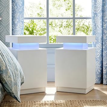 White Nightstands Set of 2, Modern End Table with LED Lights, Bedside Table with Large Storage, 2 Night Stands for Bedrooms