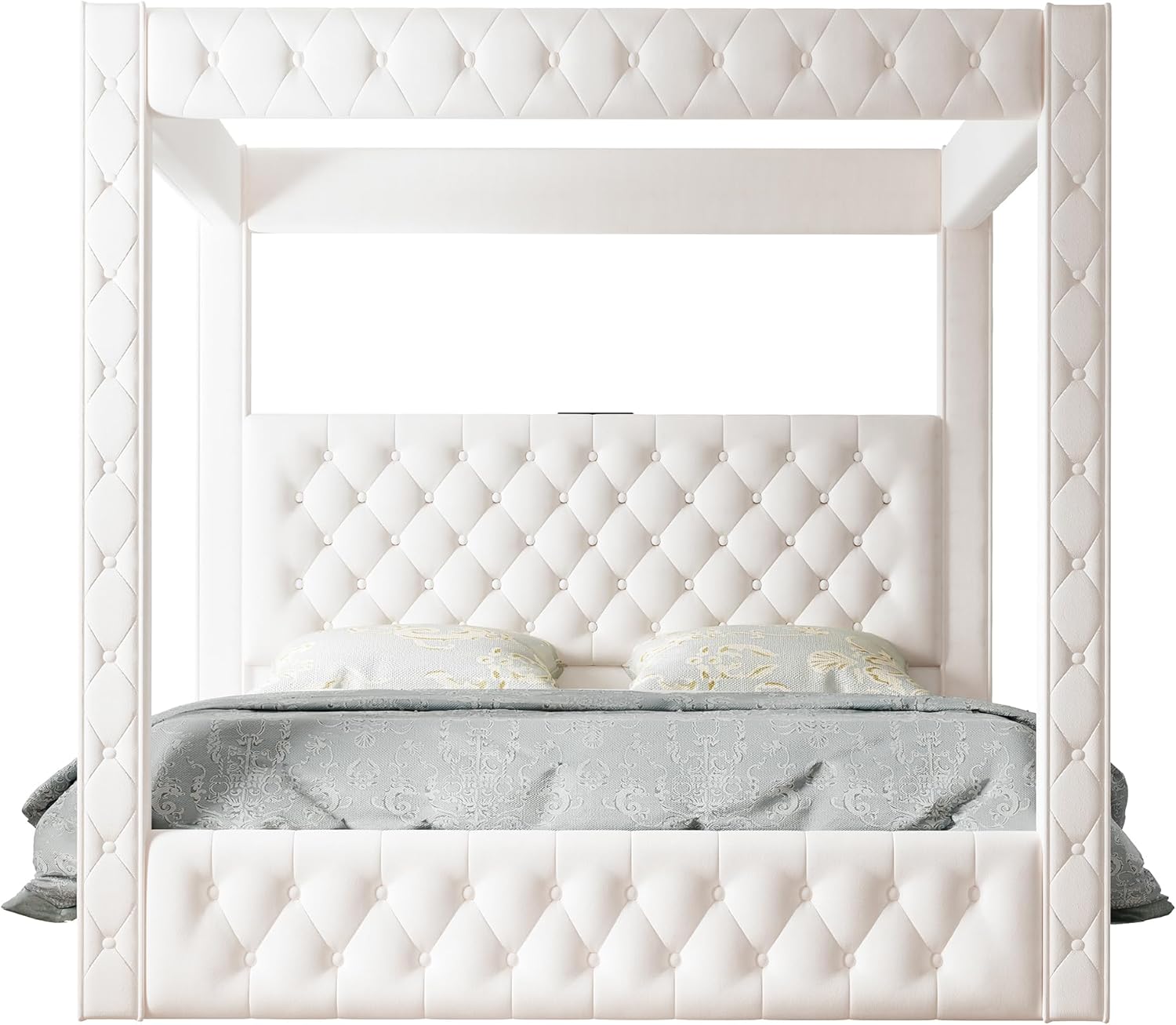 Jocisland King Canopy Bed with Upholstered Headboard, 74.8” Tall Four Poster Design, Built-in Charging Station, No Box Spring Required, Cream