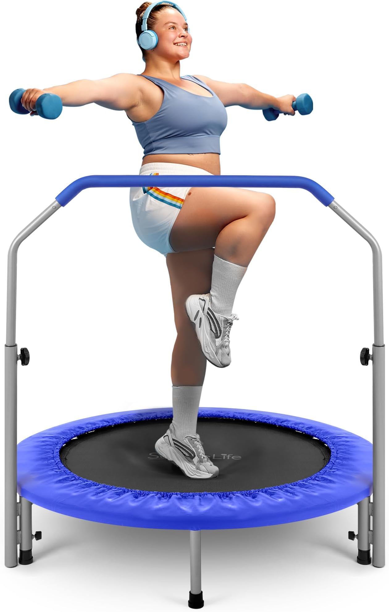 SereneLife Portable & Foldable Trampoline - 40" in-Home Mini Rebounder with Adjustable Handrail, Fitness Body Exercise