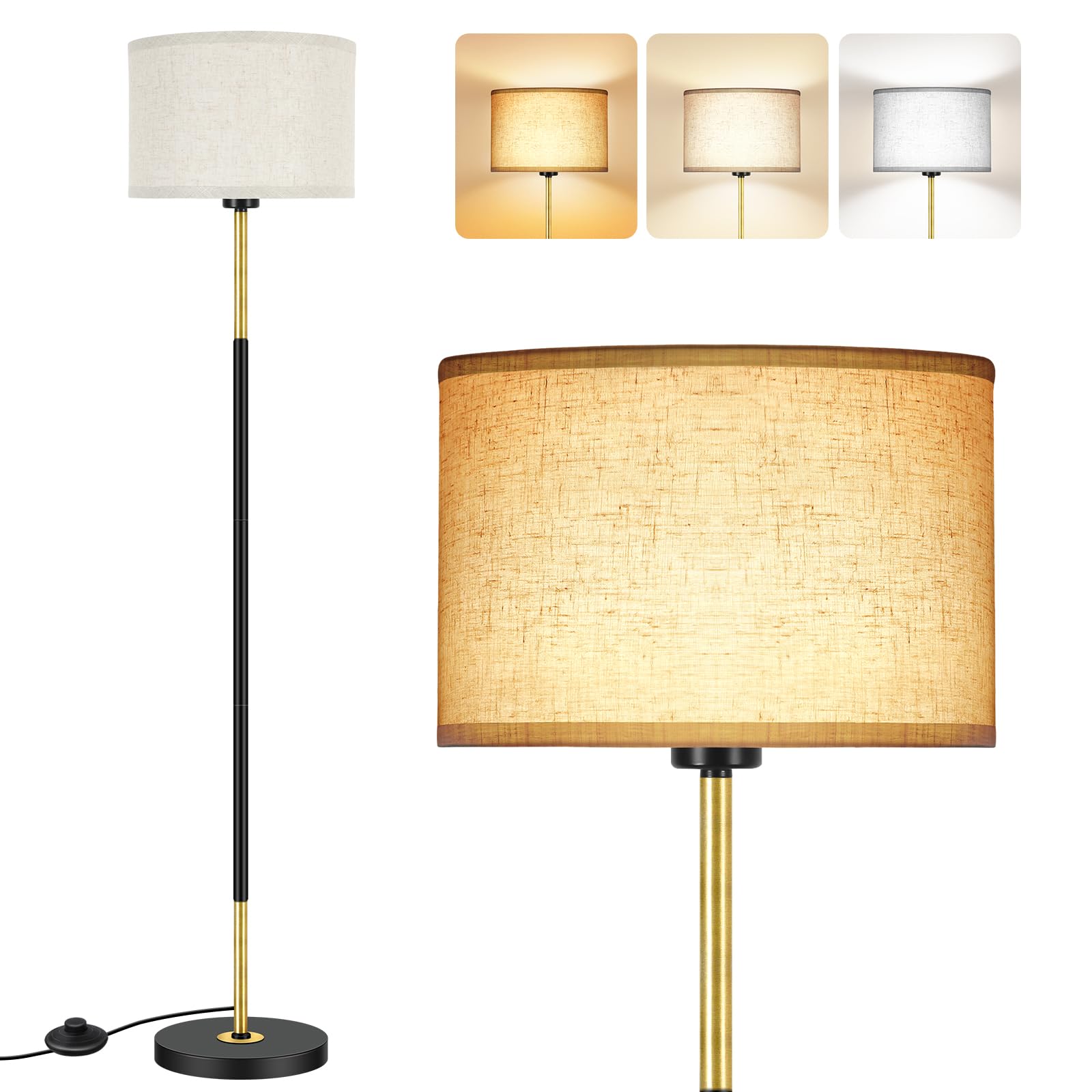 OUTON Lampara de Pie Salon, 3 Temperaturas de Color con 9W E27 Bombilla & Interruptor de Pie, Lámpara de Lectura LED con Pantalla de Lino, Diseño Vintage Moderno para Dormitorio y Oficina (Negro Oro)