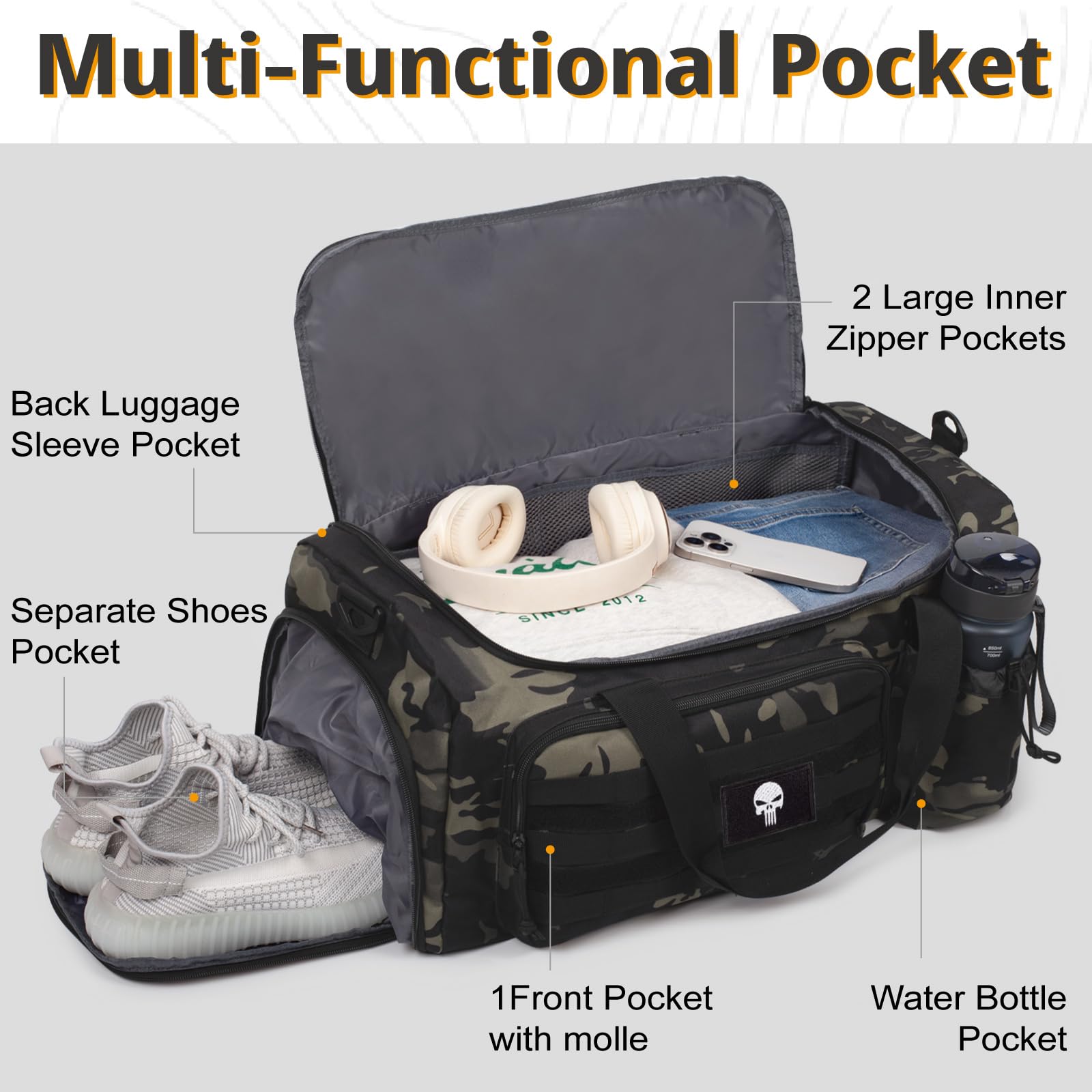Sac de Sport Tactique 60L pour Homme – Grand Sac Multifonction avec Compartiment à Chaussures et Poche Humide, idéal pour Le Sport, Les Voyages, Le Camping et la randonnée.