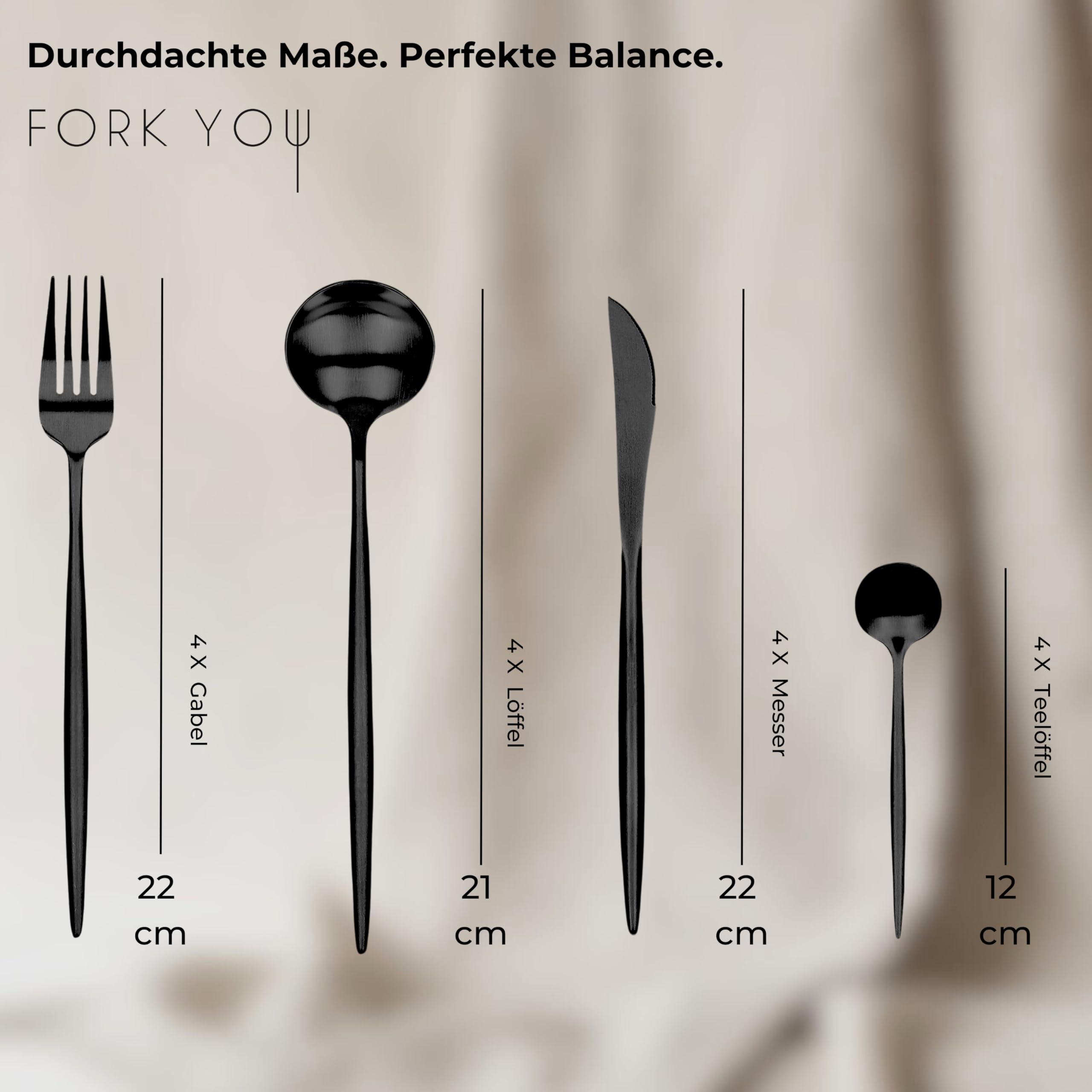 Besteck Set Schwarz Matt (16-teilig), rostfreier Edelstahl, Tafelbesteck für 4 Personen, spülmaschinenfest, Geschenk Set in hochwertiger Geschenkbox