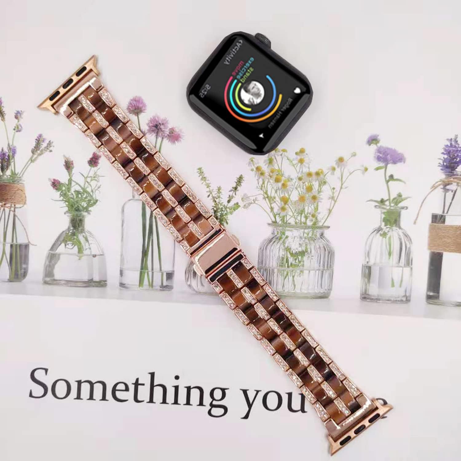 DEALELE Bands Compatible with iWatch 38mm 40mm 41mm, Bling Resin Rhinestone Diamond Metal Replacement Strap for Apple Watch Series 9/8 / 7/6 / 5/4 / 3 / SE Women Men (Rose-Chocolate)