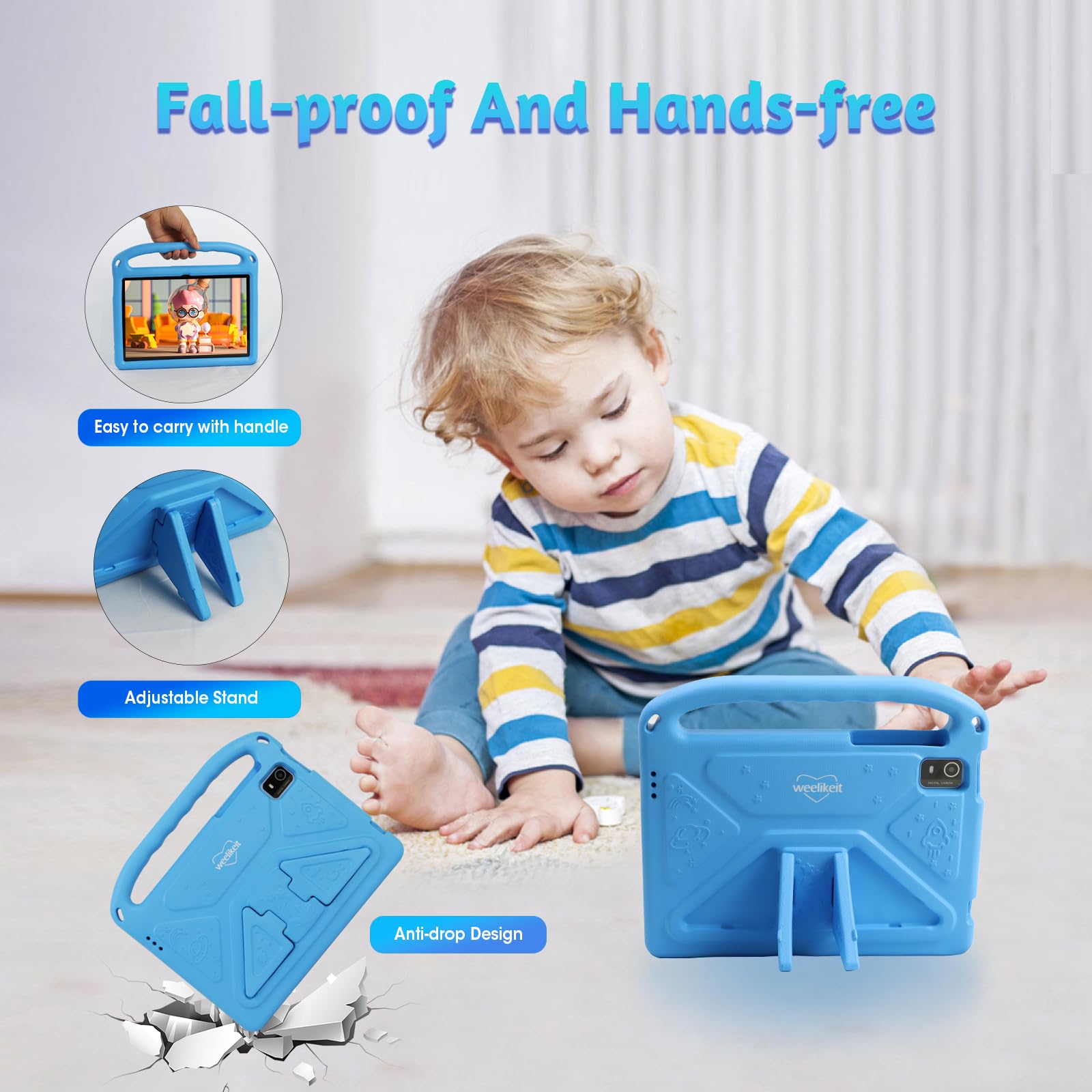 weelikeit Tablet per bambini aggiornato 2024 da 10 pollici Android 14 con custodia, 8 (4+4) GB di RAM 128 GB di ROM, Bluetooth WLAN, controllo bambini, schermo HD, batteria da 6000 mAh, blu