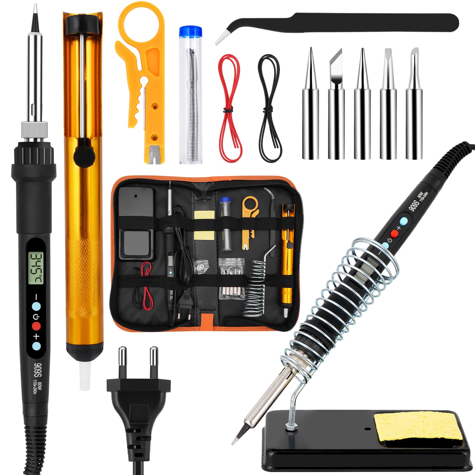 Kit Saldatore Ulisem 80W Temperatura Regolabile 180-520°C Elettronica Di Precisione Con Interruttore ON/OFF, 5 Punte Per Saldatura, Pompa
