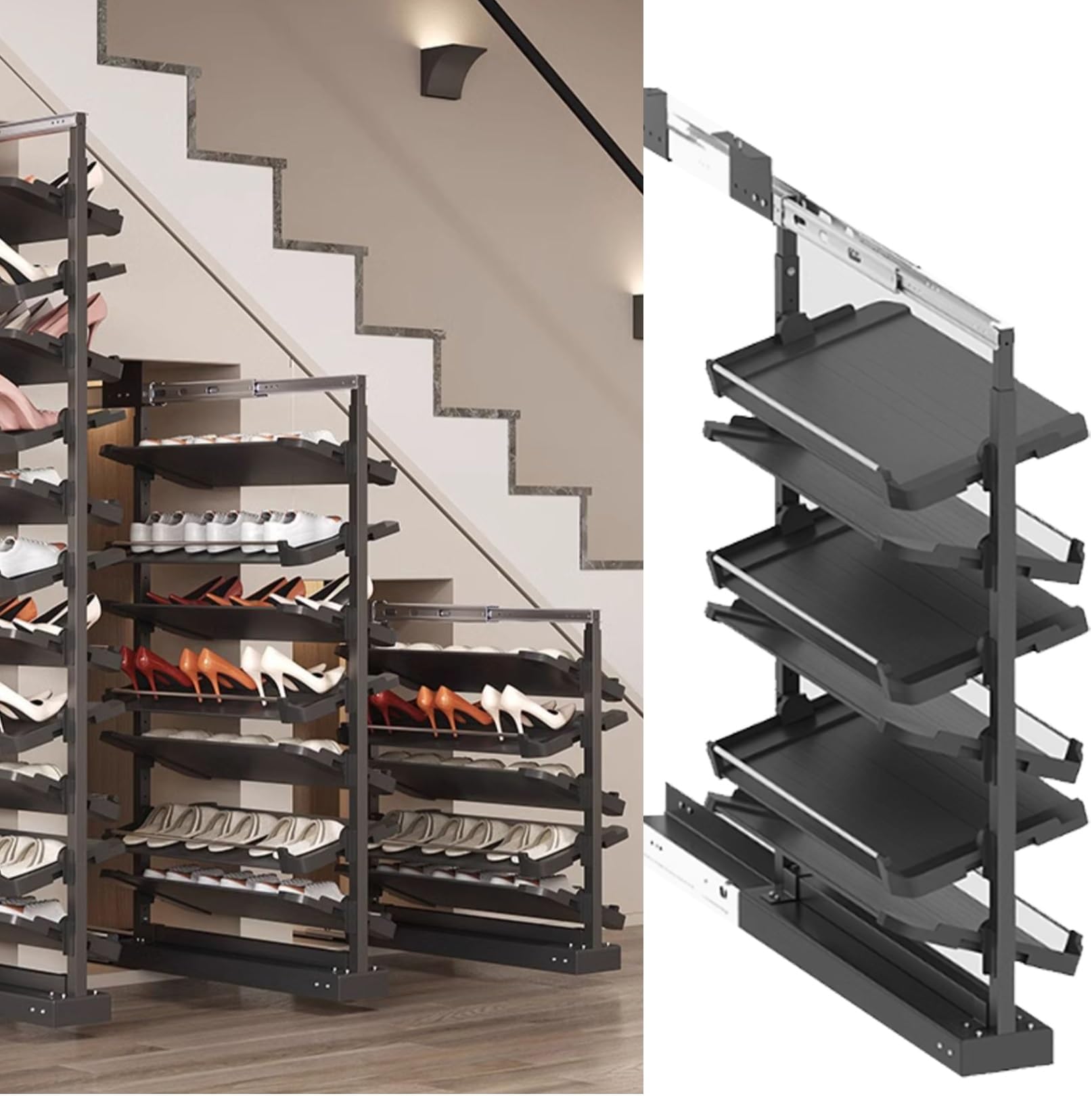 Pull-Out Shoe Rack Organizer for Closet Shoe Cabinet,Adjustable Height Retractable Metal Stackable Shoe Rack, Vertical Shelf Organizer for Small Bedroom Closet, Space Saving Storage, Black(63cm,6 Tier