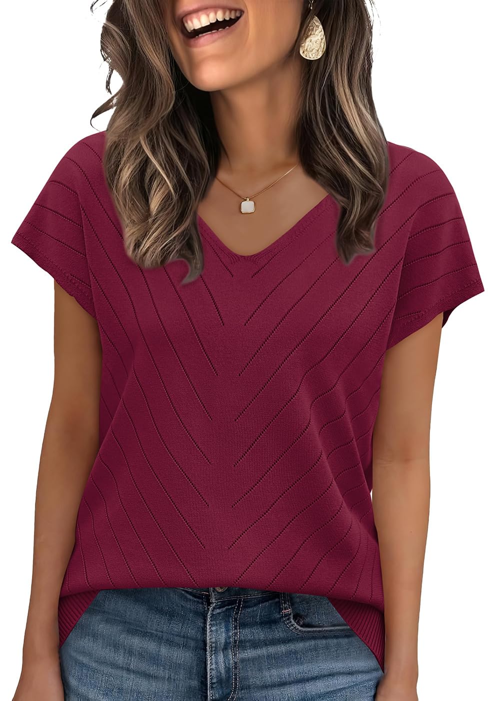 WIHOLL Short Sleeve Sweater for Women V Neck Trendy Summer Tops 2026 Beach Vacation Clothes Travel Business Casual Outfits