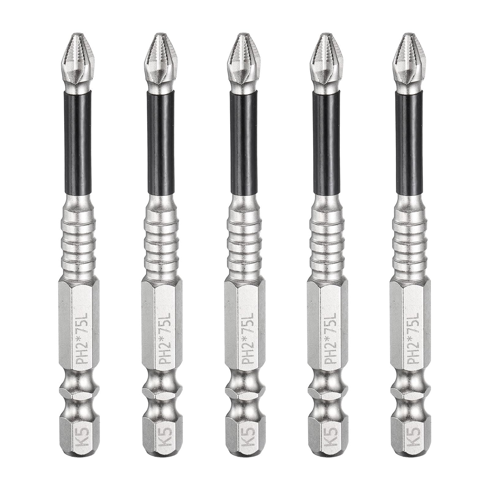 sourcing map 5pcs Impact Phillips Screwdriver Bit PH2 (#2) Anti Slip Tip 1/4" Hex Shank 3" (75mm) Long Magnetic Cross Screw Driver Industrial Power Drill Bits — image 1
