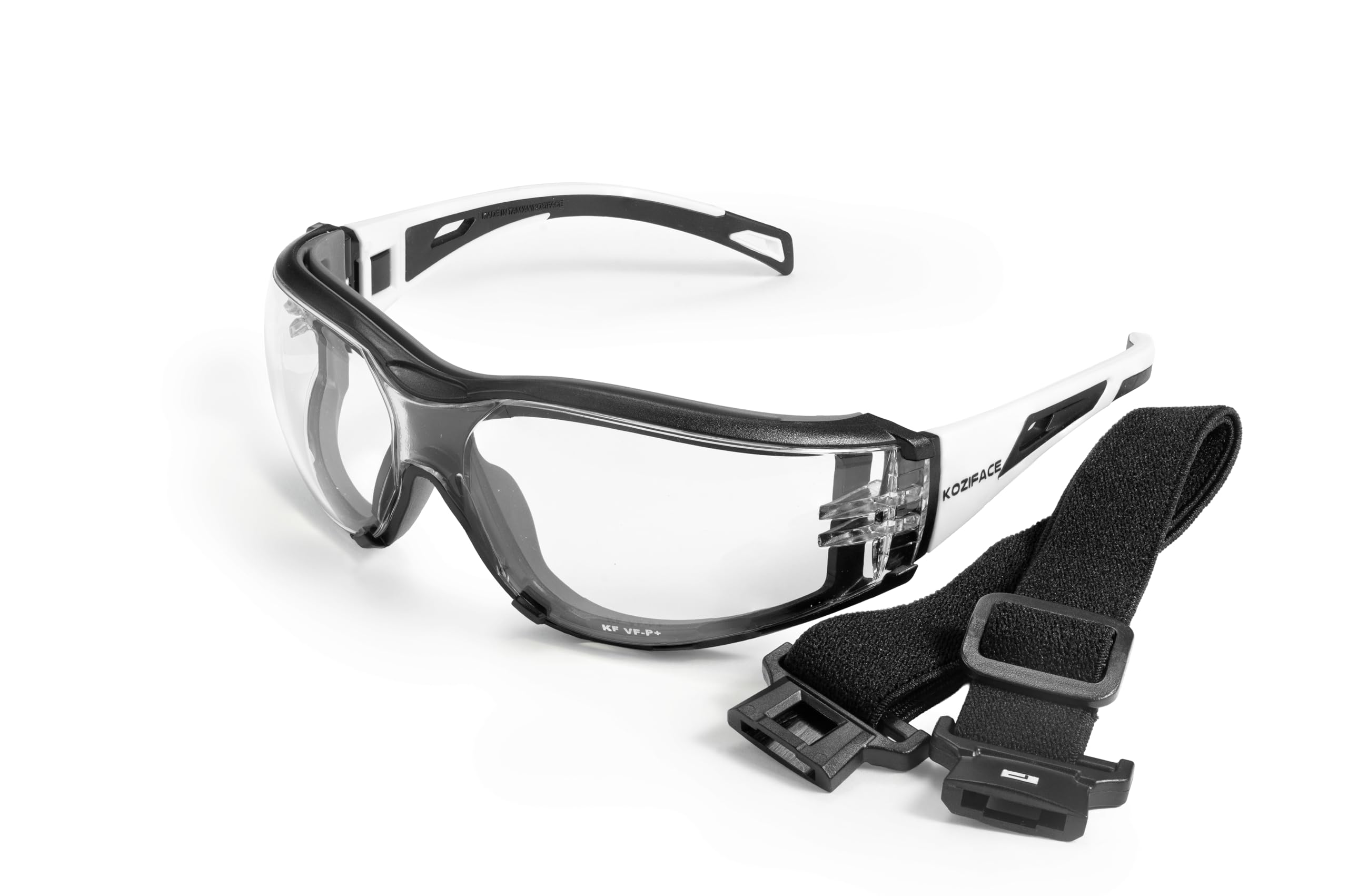 Koziface Okulary ochronne S30 dla mężczyzn i kobiet, regulowany, elastyczny pasek i ramiona, 2 sposoby noszenia, stylowe, czarne, białe, ochronne, przeciwmgielne, antypoślizgowe, ANSI Z87.1, do użytku