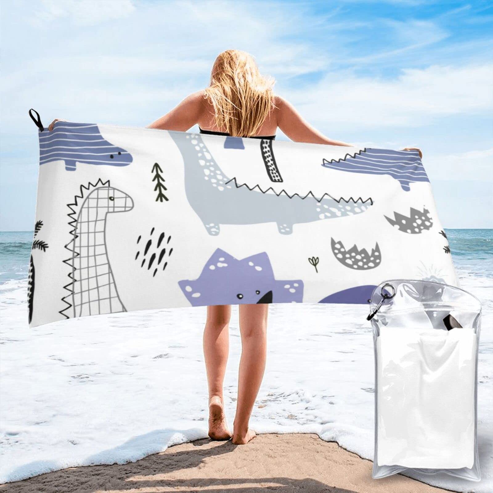 Lawenp Dinosaur Cartoon Microfiber Beach Towel Adults Large Quick Drying Bath Towel Travel Towels with Pouch 27.5"x55"