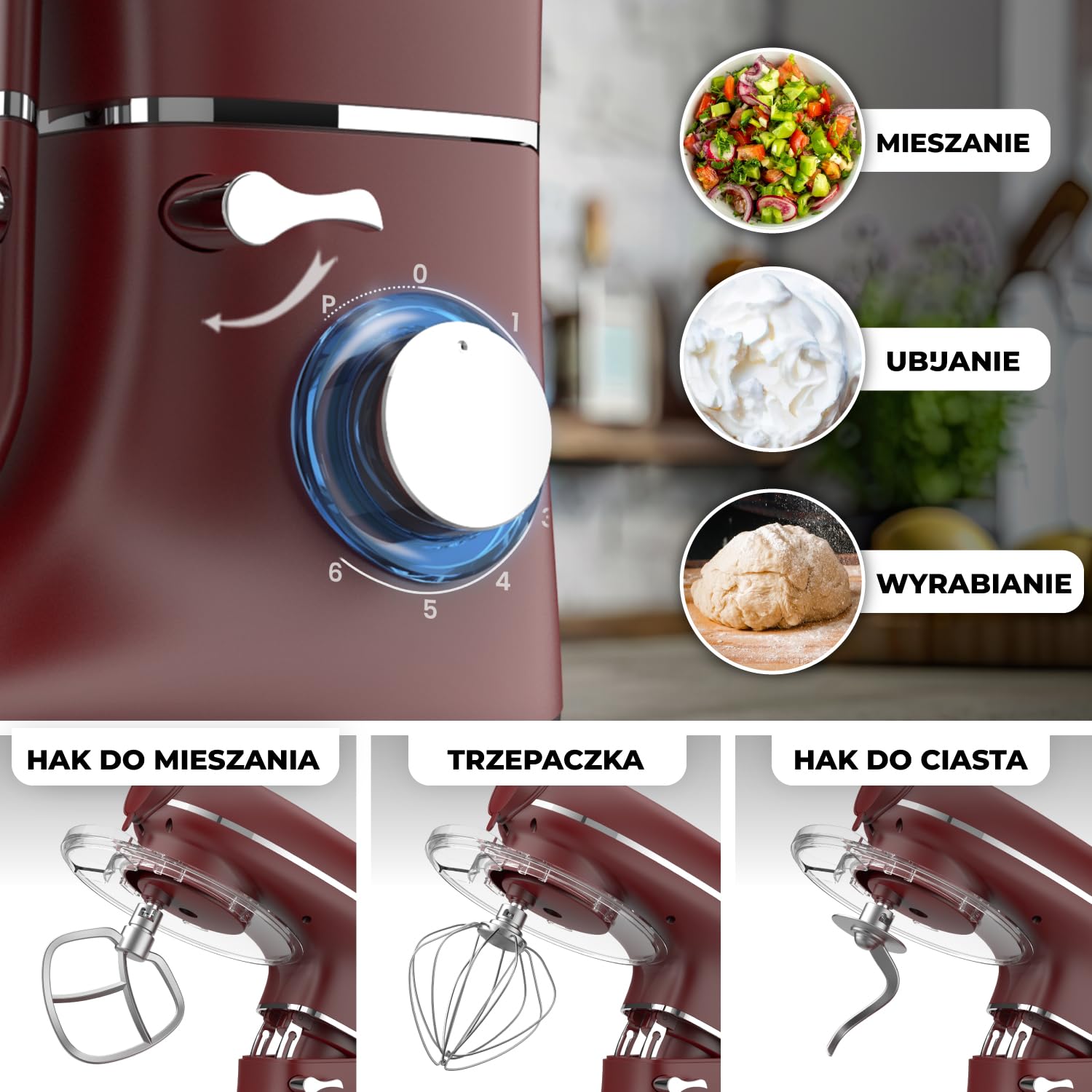 Planetarna mikser z maszyną do makaronu - 2000 W, robot kuchenny z maszyną do świeżego makaronu, maszynka do makaronu, 6,2 l, miska ze stali nierdzewnej (czerwona)