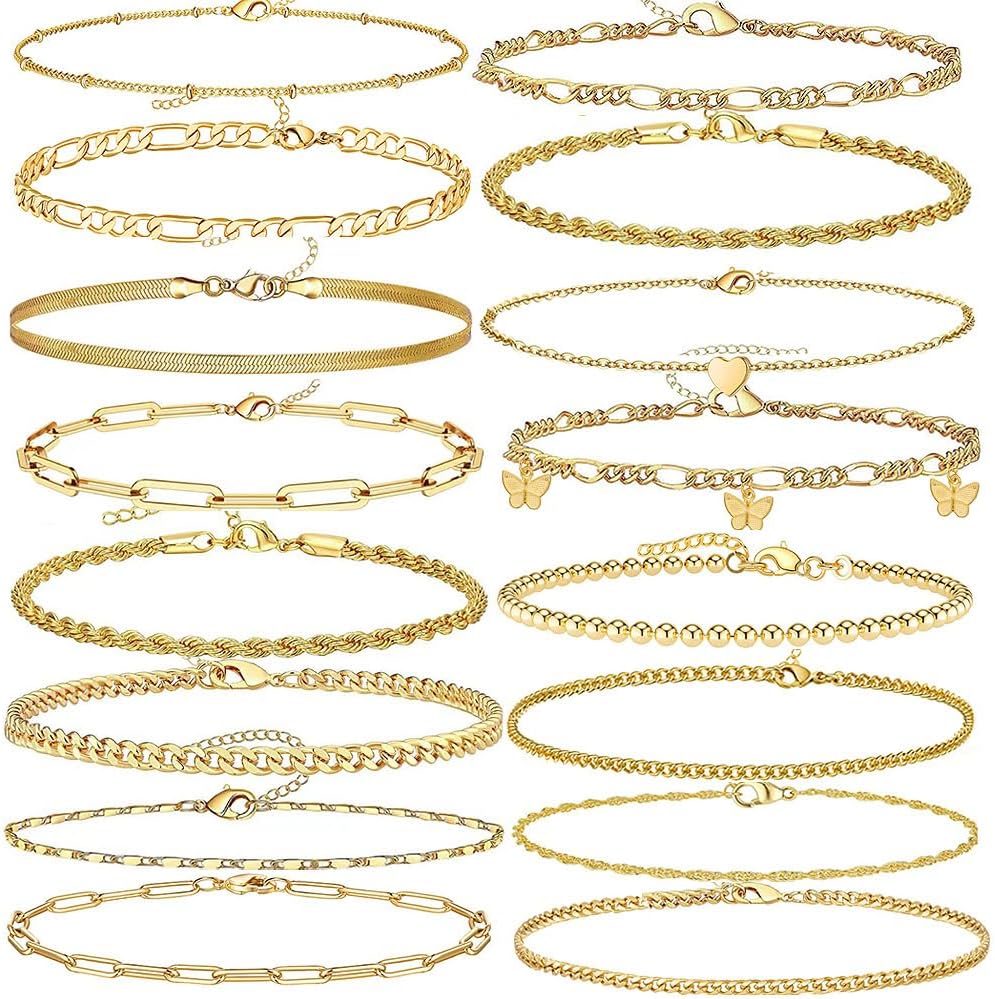 17Pcs Boho Gold Chain Ankle Set For Women 14K Gold Plated Multiple Bohemian Chain Beach Anklet Bracelet Jewelry Set Friendship Gift