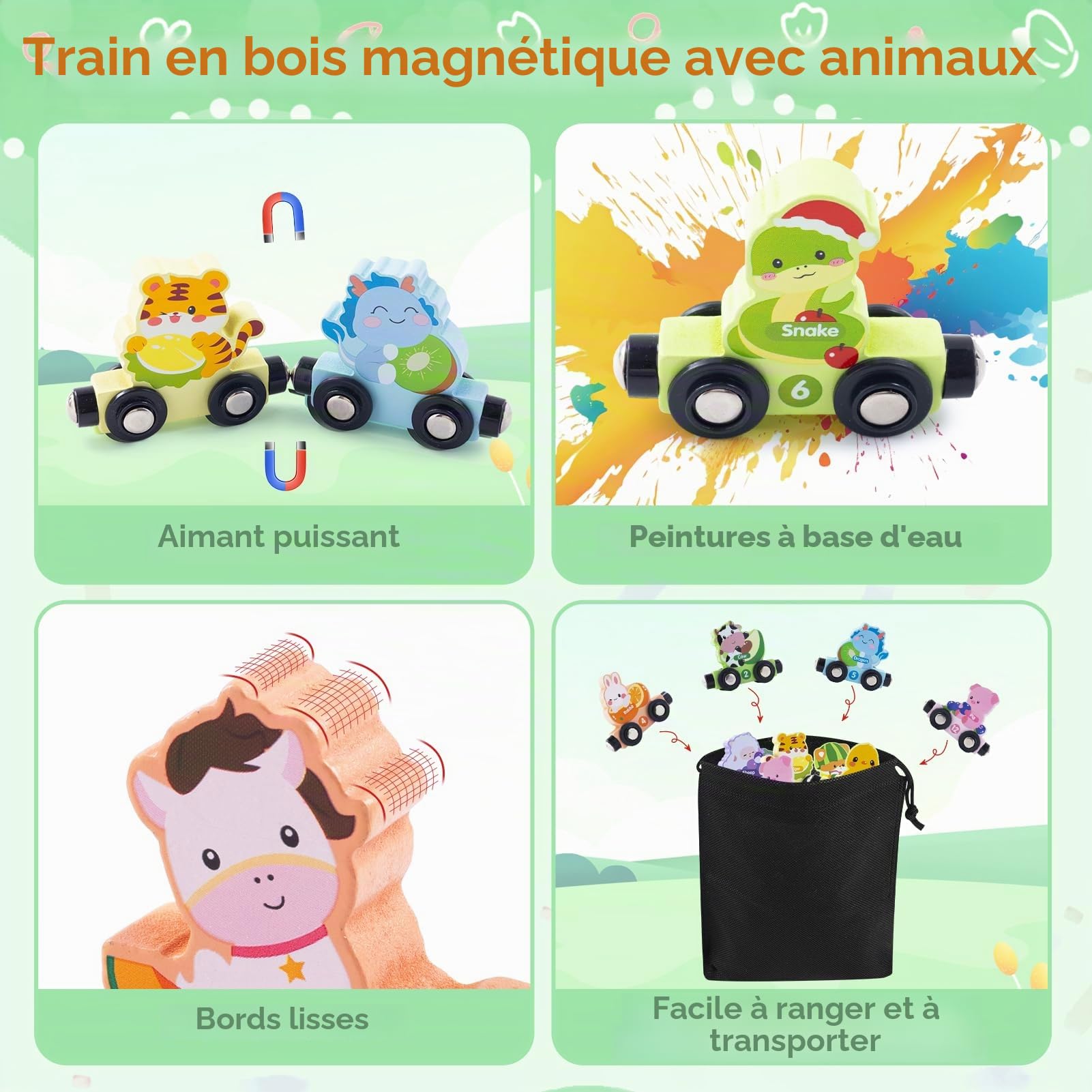 Train Magnétique Montessori En Bois - 13 Pièces Avec Animaux Et Tapis De Jeu - Jouet Éducatif Pour Enfants Dès 1 An