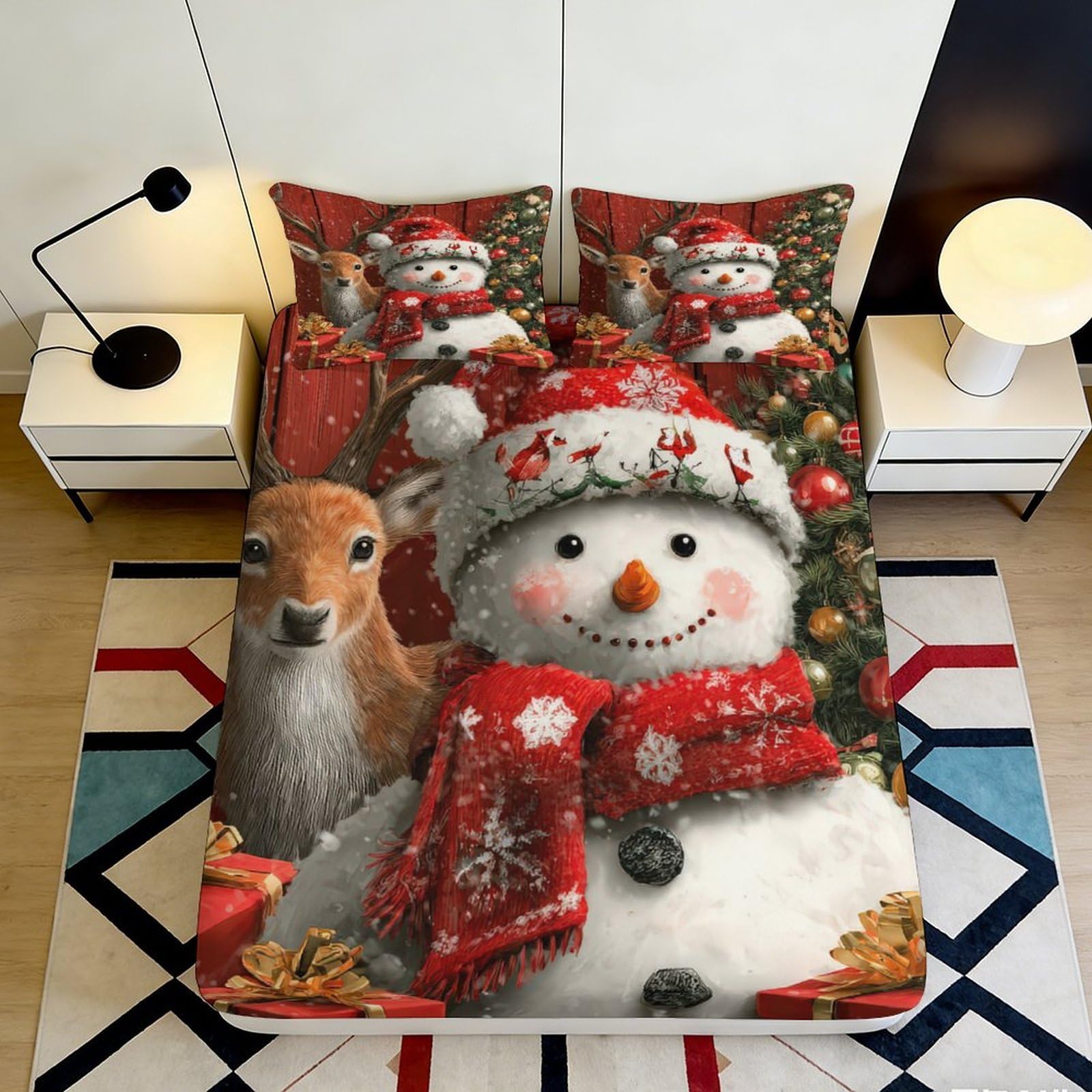 3D Printed Christmas Snowman Fitted Sheet Microfiber Red Reindeer Mattress Cover for Bedroom Guest Room Decor 90x200x25cm