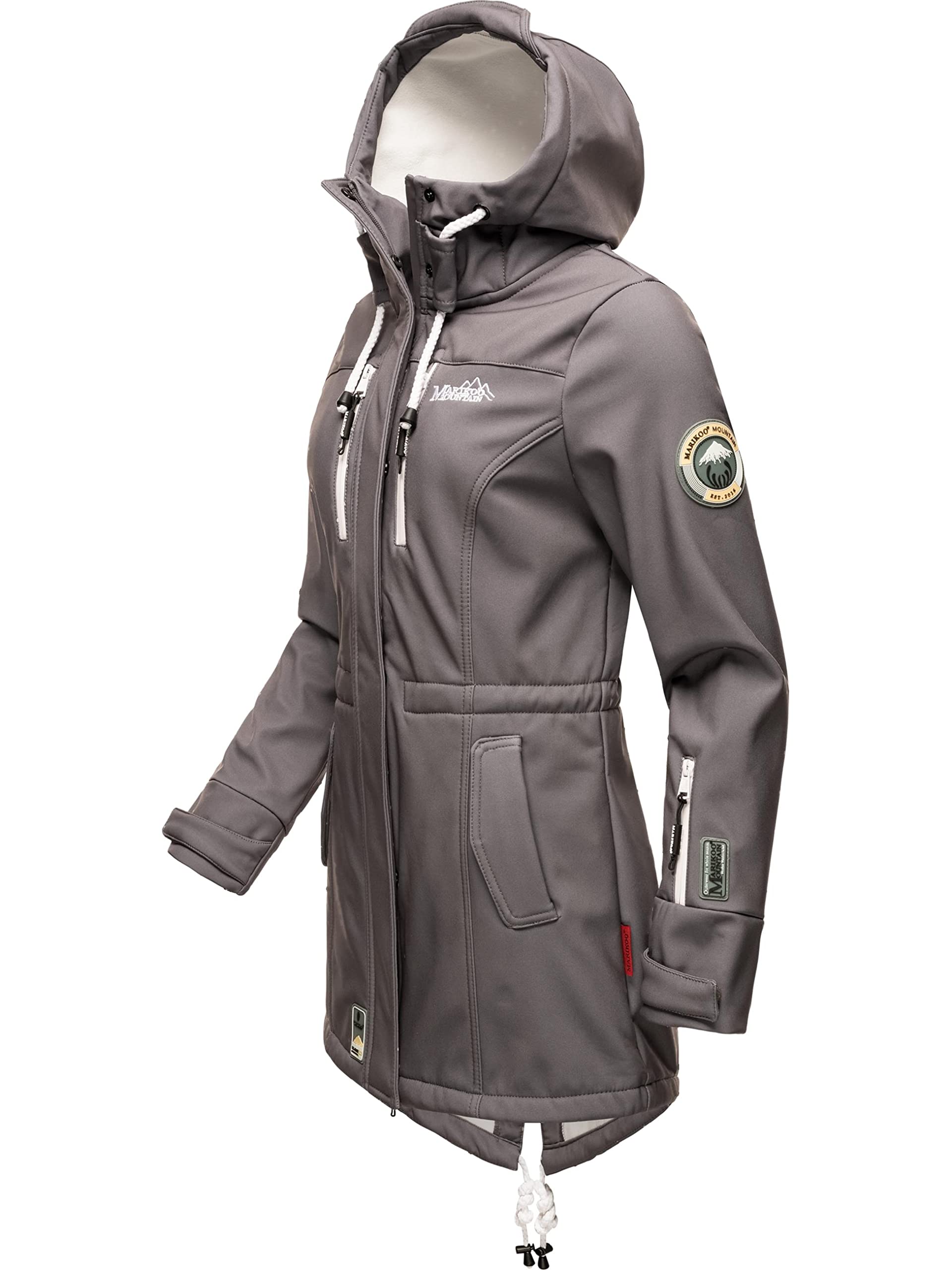 Marikoo Damen Softshelljacke (XS-3XL) mit Kapuze - Wasserabweisend, Fleece innen, Tasche am Arm, Mantel, Warme Jacke Frauen B614