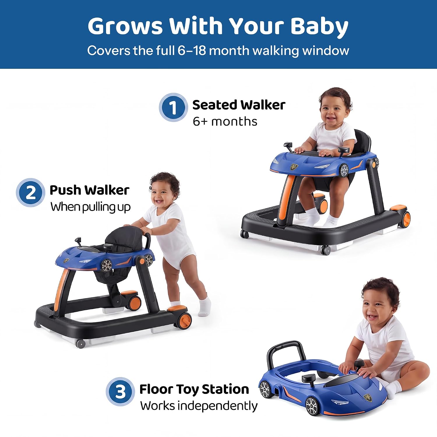 4-in-1 Baby Walker, Foldable Activity Walker with Adjustable Height and Speed, Music, Removable Activity Tray, Anti-Slip Protection, Baby Walker with Wheels for Boys Girls 6-18 Months (Blue)