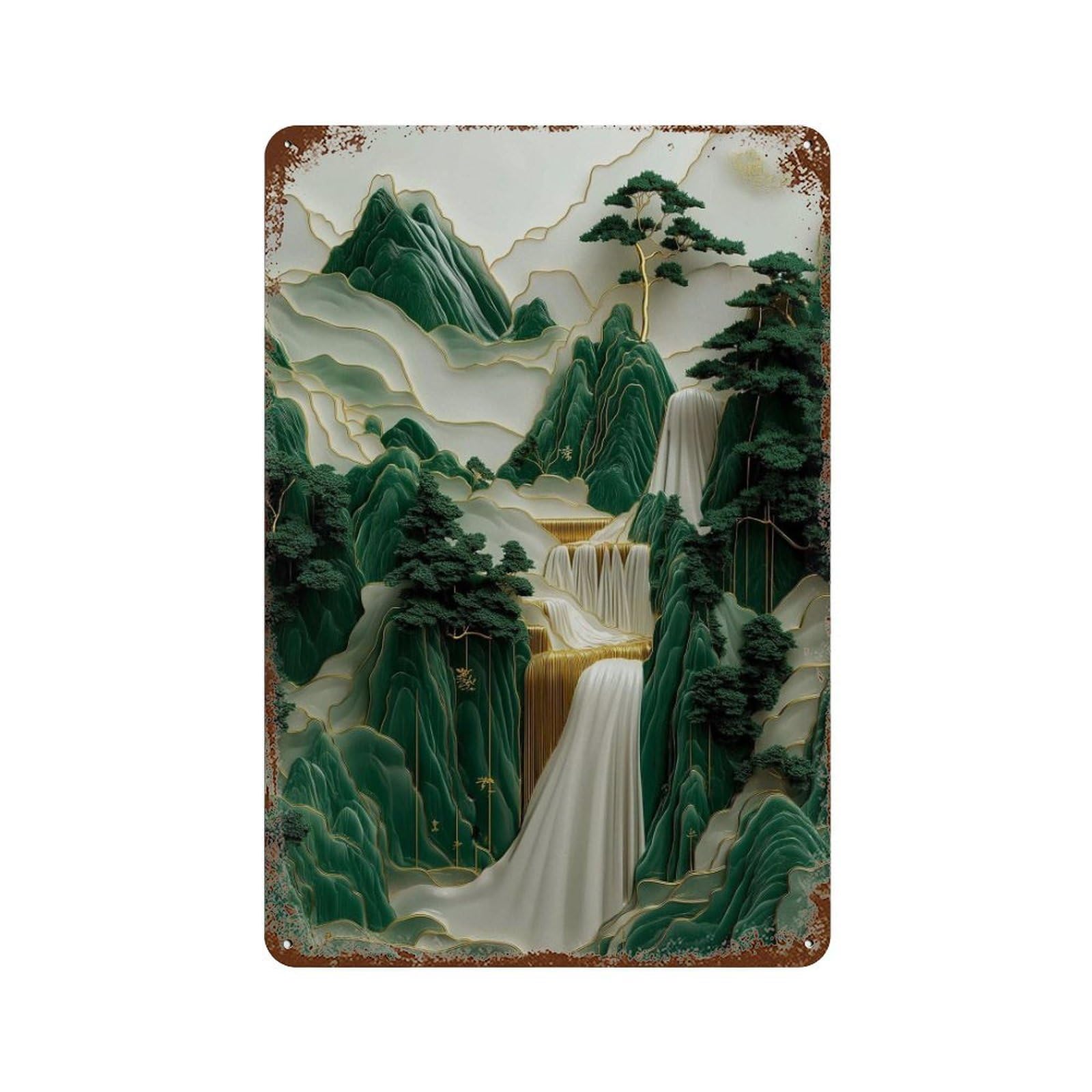 xiaoxiaoshen Japanese Green Mountain Waterfall Abstract Landscape Contemporary Nature Scene A Wall Decor Art Metal Tin Poster Modern Home Decor Art Home Bar Shop Decorations Vintage Sign 30x20cm