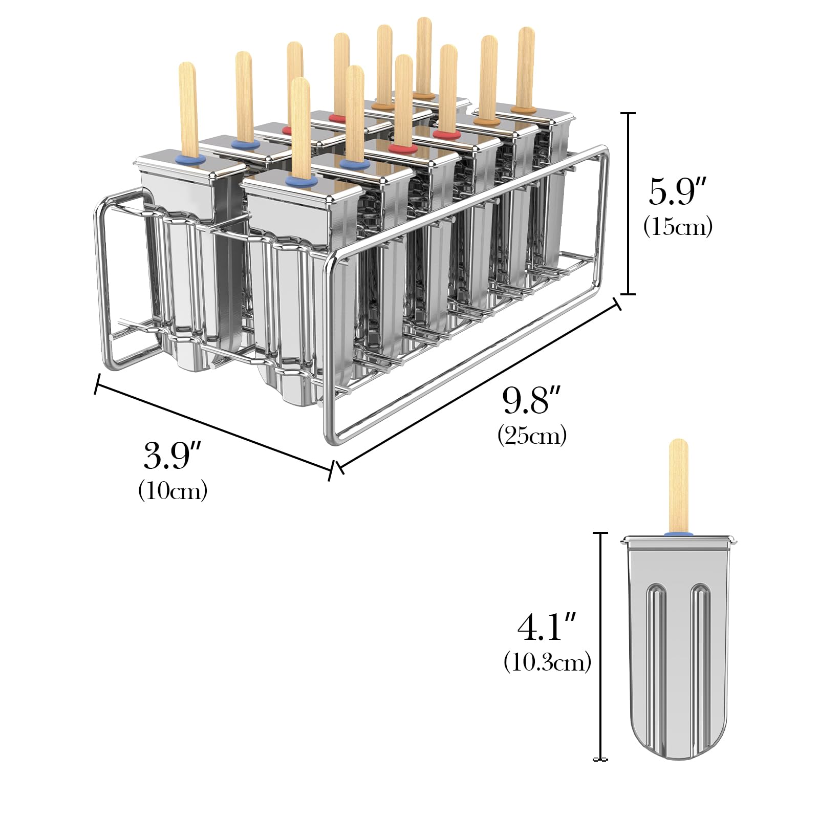 Paquete de 12 moldes para paletas de acero inoxidable, moldes caseros para polos de hielo con soporte, reutilizable, cabeza redonda, congelación rápida, con palos de madera y bolsas
