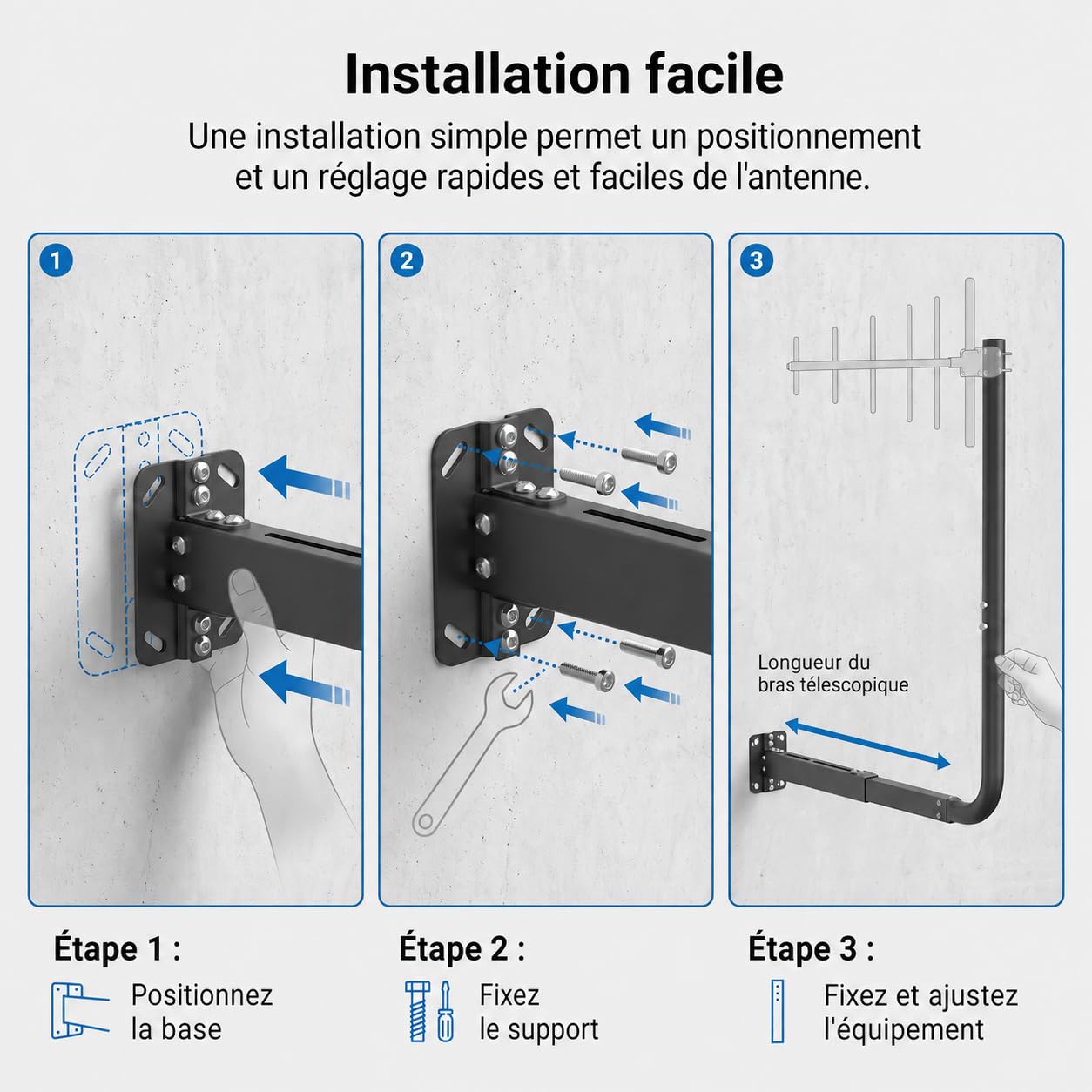 Mât d'antenne pour antennes TV, Satellite, Radio et Wi-FI | Longueur réglable (max. 83 cm), support mural robuste, support d'antenne, support d'antenne