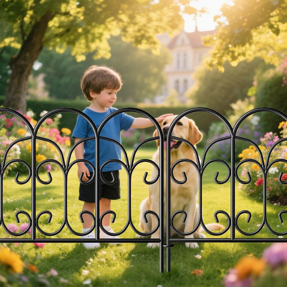 Amagabeli Clôture de Jardin en Métal 46cm(H) x 46cm(L) (5 Panneaux, Longueur Totale 2.3m) Creusage Barrière pour Animaux Clôture Métallique Décorative pour Chien Cour Terrasse Extérieur Noir