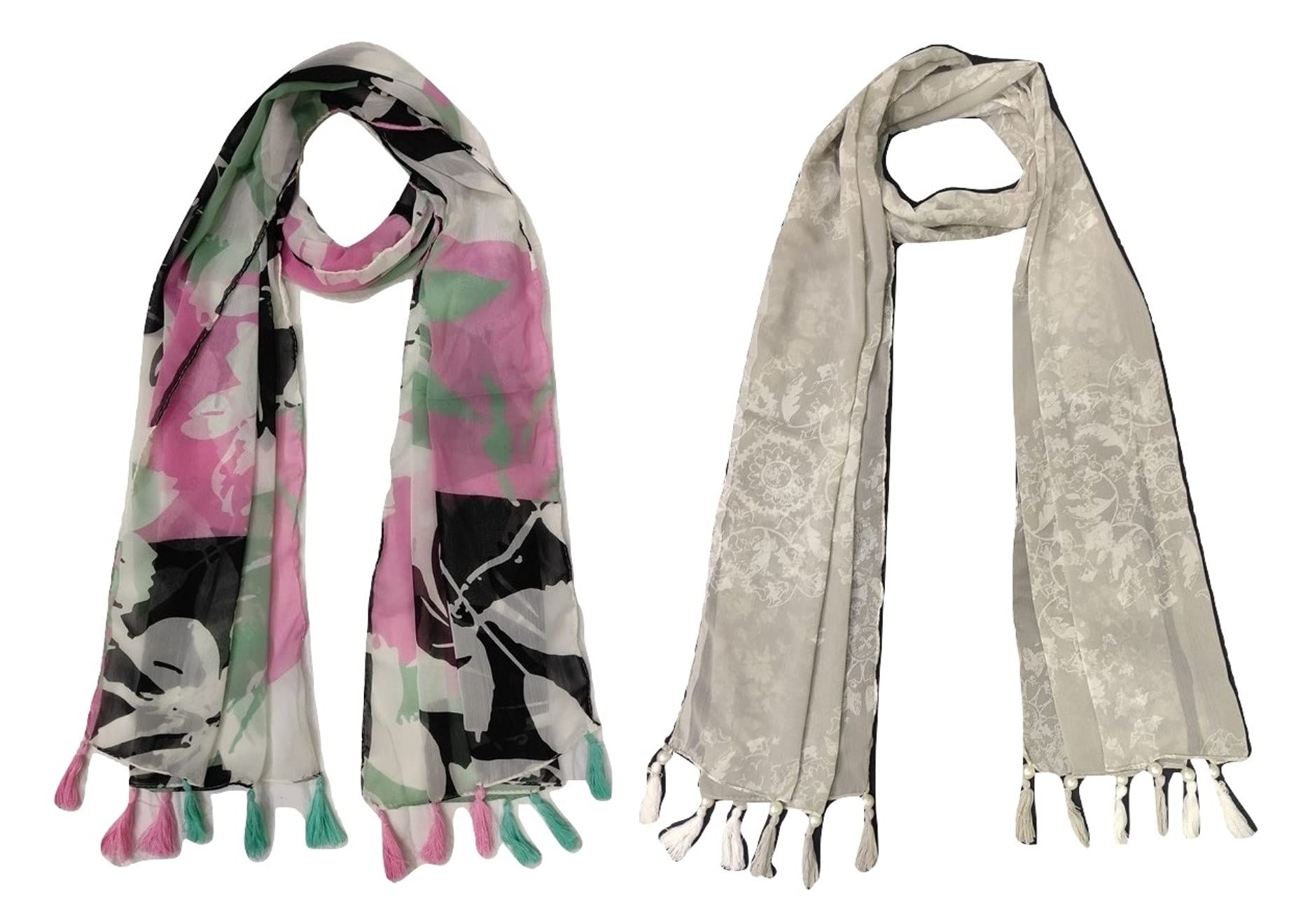 stolevilla ™ Women's Printed Chiffon Multicolored Scarf and Stoles with Tassels - Set of 2 (ST175)-picture-40