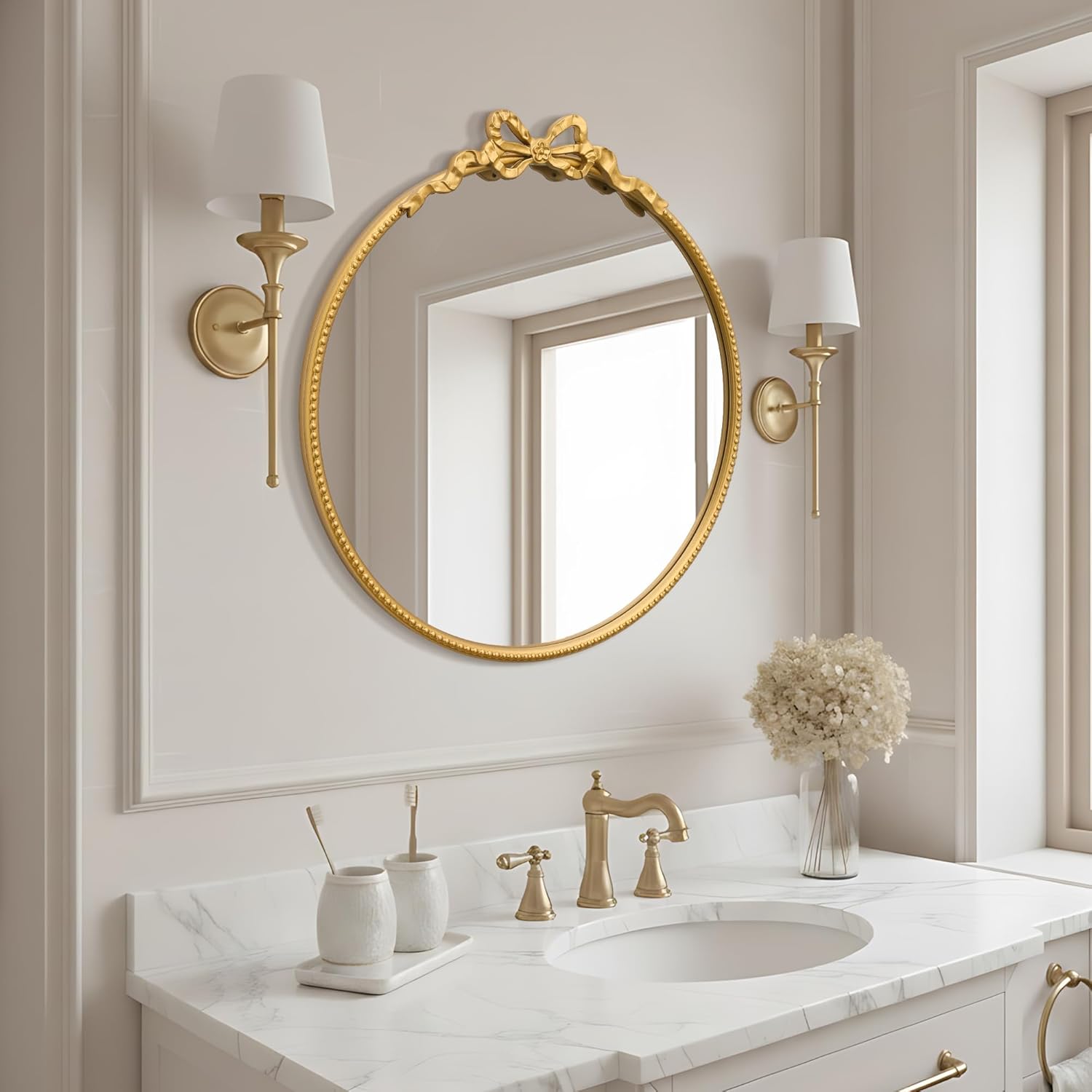 Besdomus Gold Round Bow Mirror: 27" Modern Bathroom Mirror - Baroque Traditional Ornate Vanity Mirrors for Wall/Cloakroom/Bedroom/Dressing Room - Ideal for Fashion Conscious Women