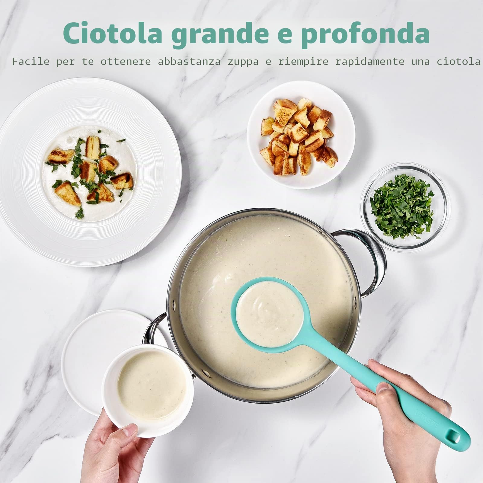 Mestolo da zuppa in silicone da 34cm: U-Taste 315℃ resistente al calore, antiaderente, gomma senza cuciture, cucchiaio da cucina grande con manico lungo e solido antiscivolo (Aqua Sky)