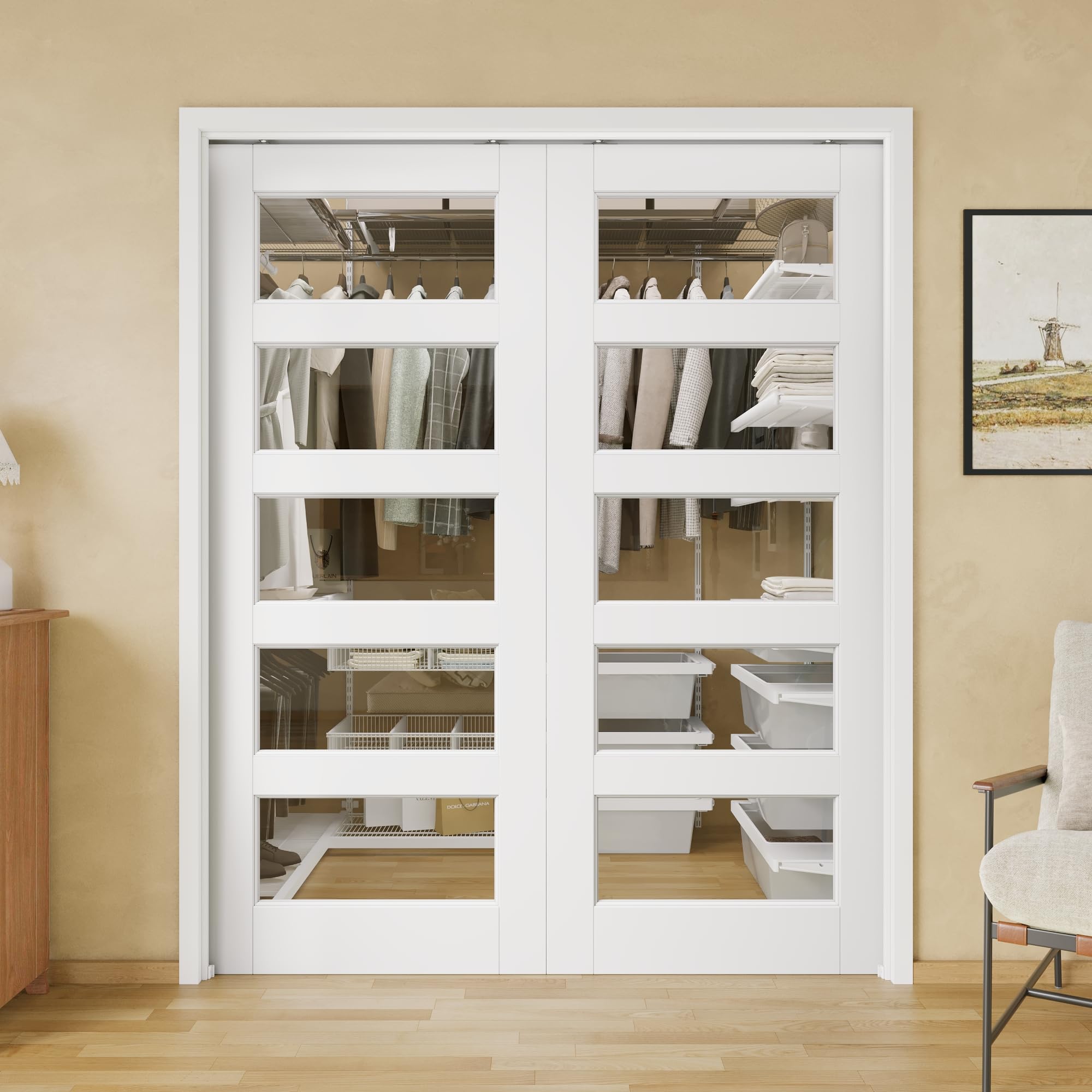 60x80 Double Glass Pocket Door,5-Lite Clear Glass Door,Sliding French Doors
