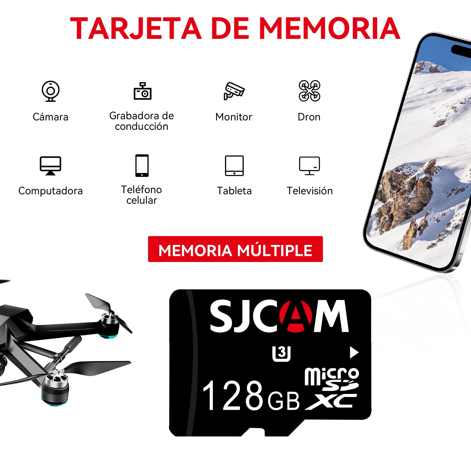SJCAM Tarjeta de Memoria microSDXC de 128 GB, hasta 100 MB/s, 4K UHD, Clase U3, para Cámaras de Acción, Teléfonos Móviles y Tablets,Compatible con C300, C200PRO, C110, C110+, SJ20, SJ11, SJ4K