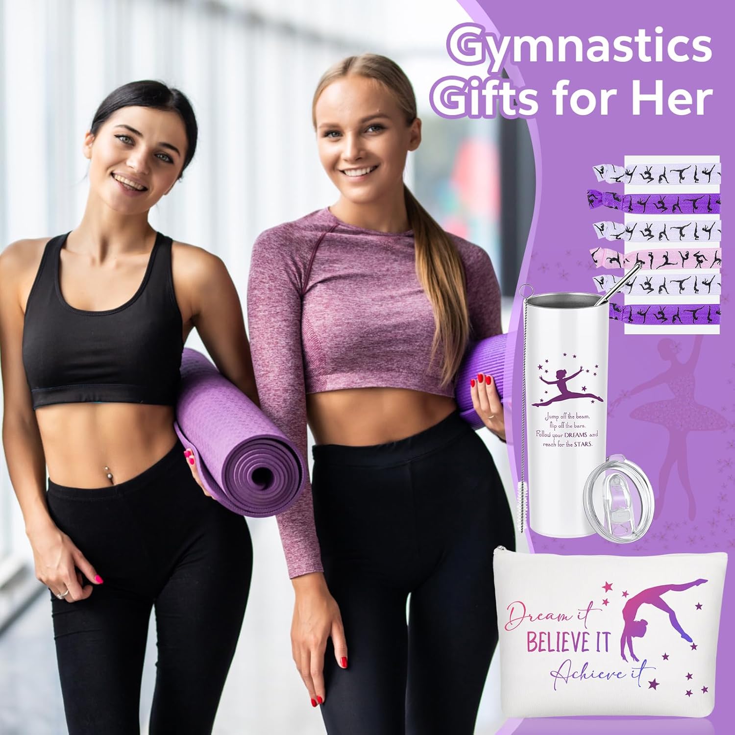 Junkin 3 Pcs Gymnastics Gifts for Women Include Stainless Steel Tumbler with Straw Makeup Bag Elastics Hair Ties for Gymnastics Lover(Purple) - Image 7