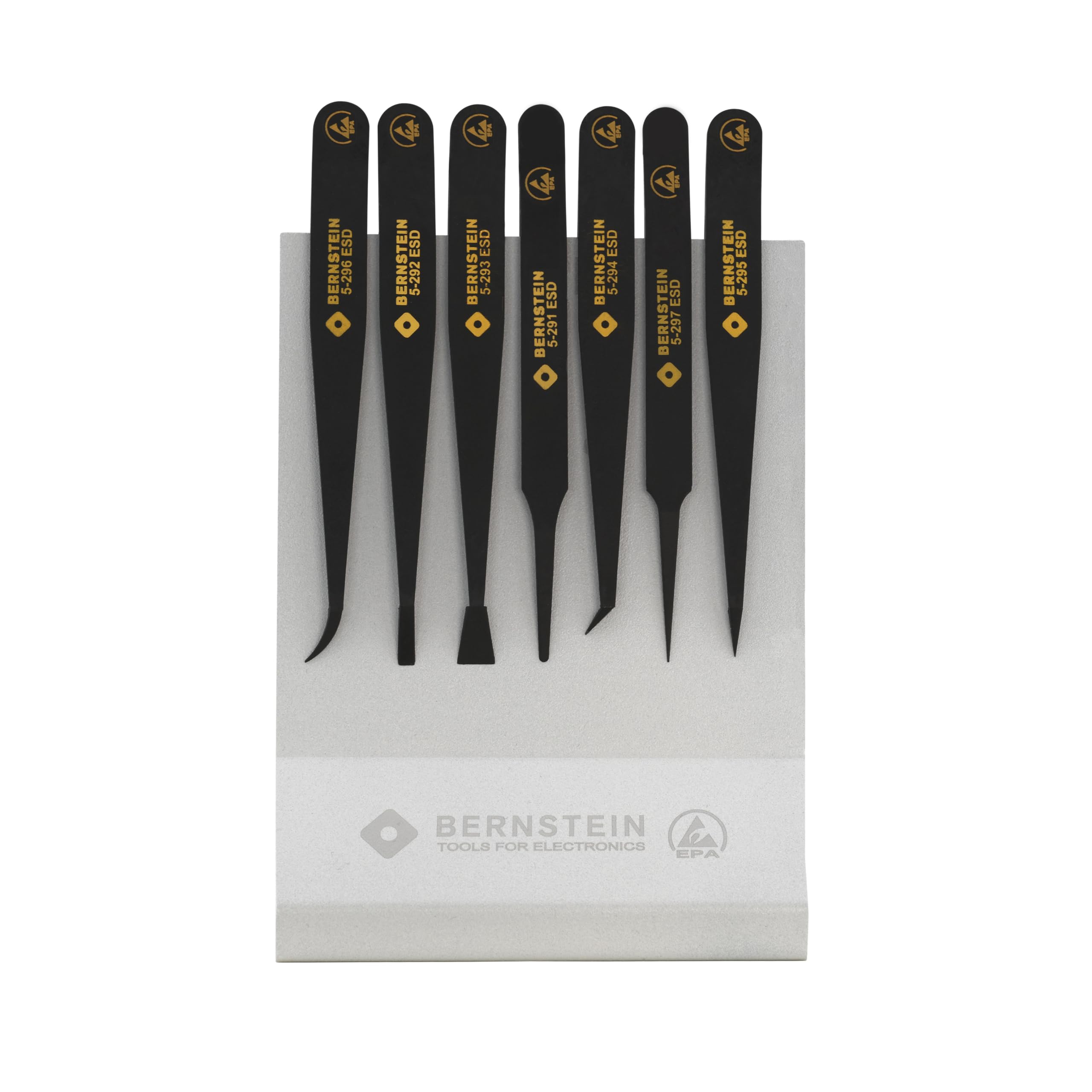 BERNSTEIN ESD - Juego de 7 pinzas de plástico antiestático, pinzas de precisión para aplicaciones electrónicas y de laboratorio con soporte, protección ESD