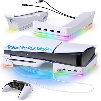 FYOUNG Horizontal Safety Stand for PS5 Pro / PS5 Slim Digital & Disc Edition with 14 RGB lights, Non-Slip Bracket Base Accessories with 4-Port USB Ports- White