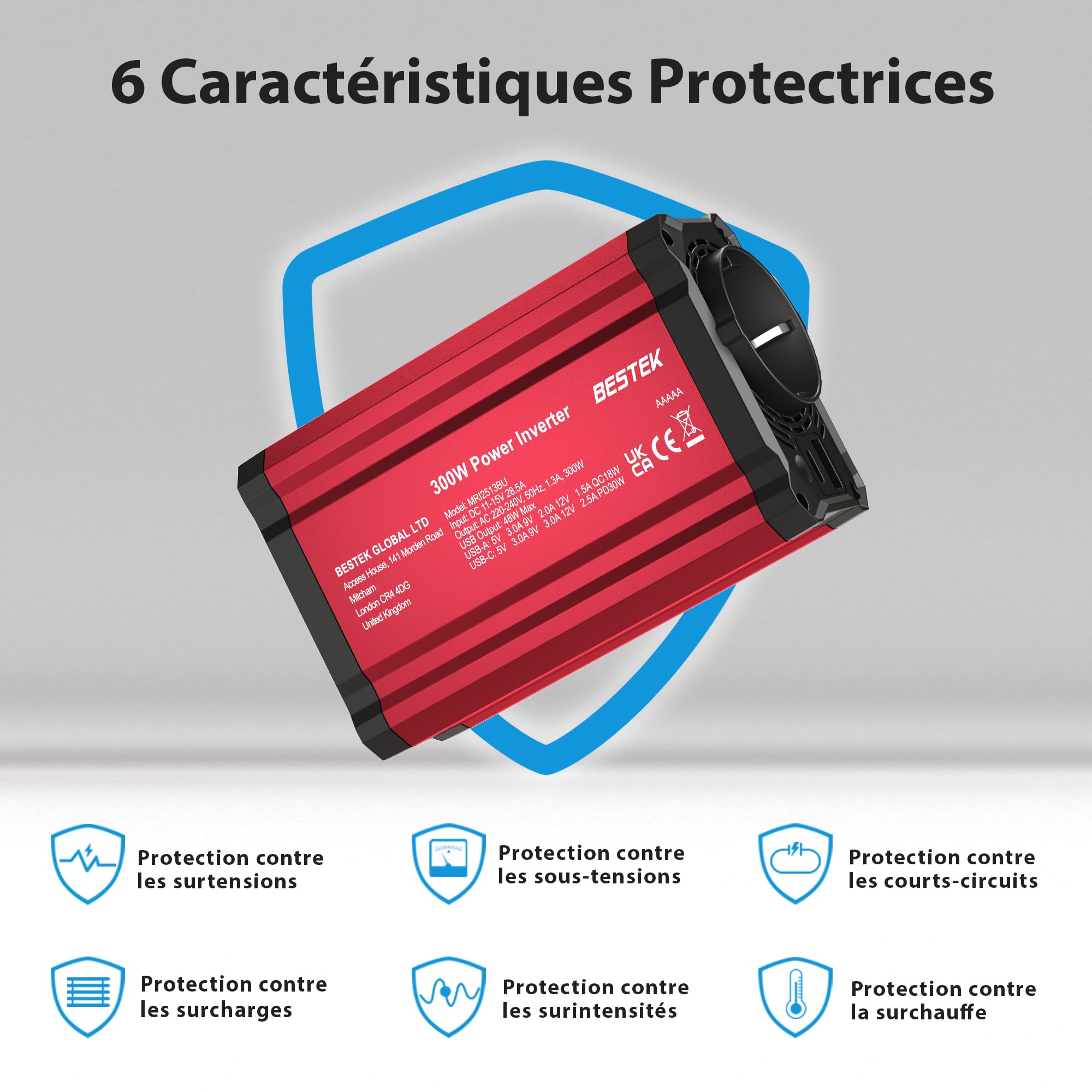 BESTEK Convertisseur 12v 220v 230v 240v 300W avec Deux Ports de Charge Rapide (PD30 et QC18W) Prise Allume Cigare Transformateur de Tension,Chargeur Voiture Camping Car avec Multi Protections (Noir)