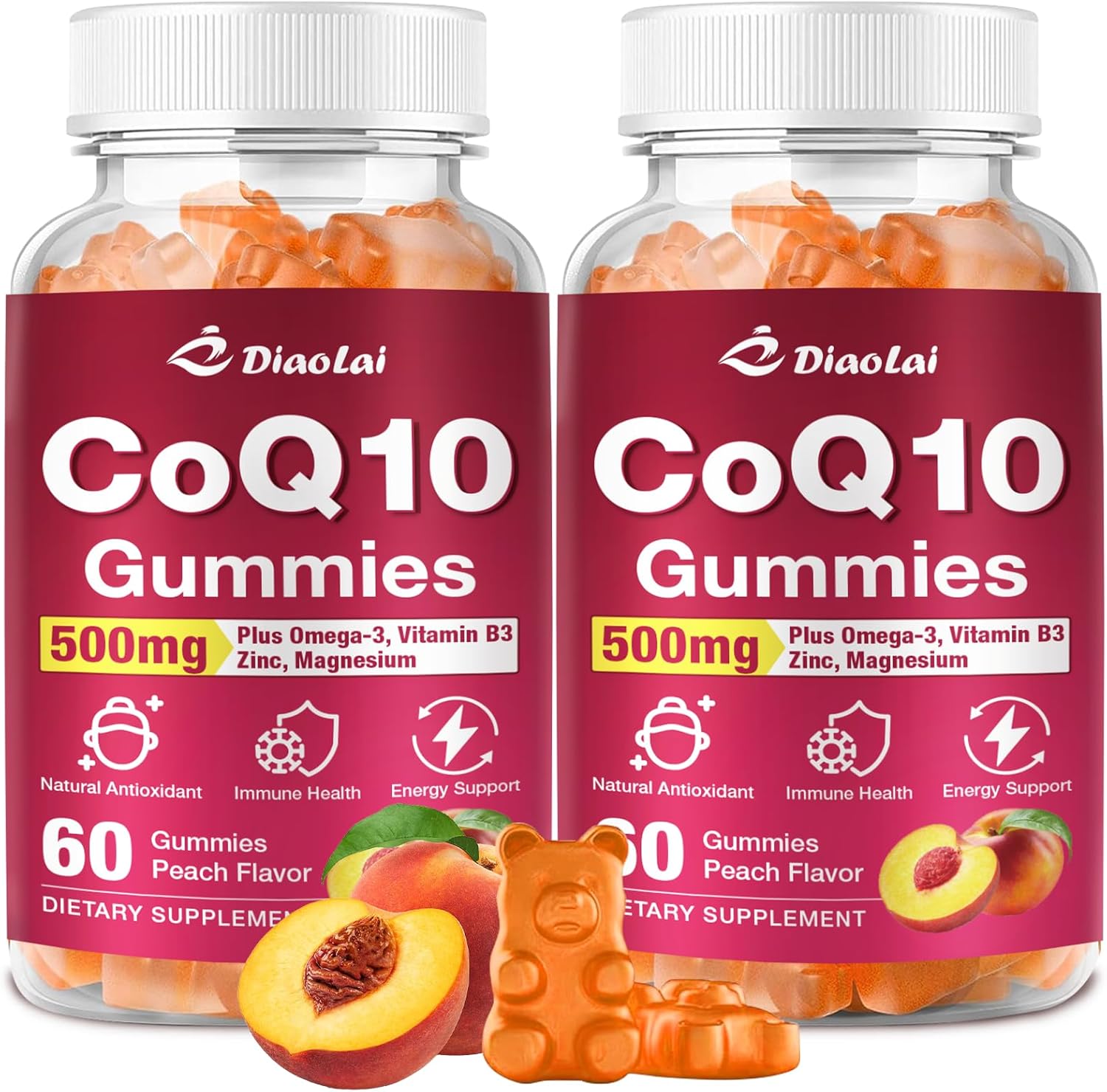 2 Pack CoQ10 Gummies - 500mg per Serving with Omega-3 (EPA & DHA), B3 & Zinc - Supports Immunity & Energy - Delicious Orange Flavor - Non-GMO, Gluten-Free - 120 Count
