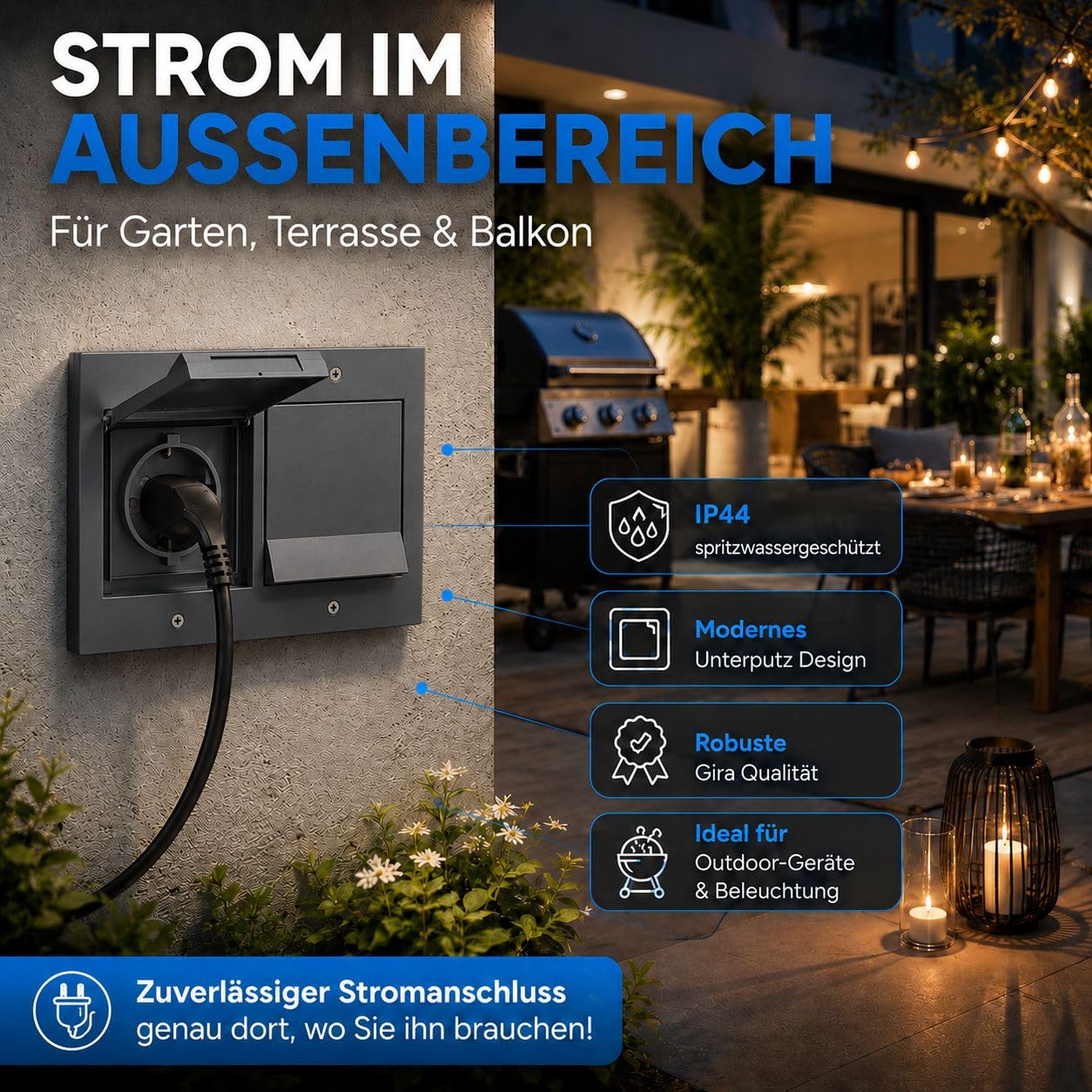 Gira TX 44 Außensteckdose 2-fach anthrazit IP44 mit Rahmen Dichtungsflansch Montageset Spannungsprüfer wetterfeste Unterputz Steckdose für Garten Terrasse Balkon Garage